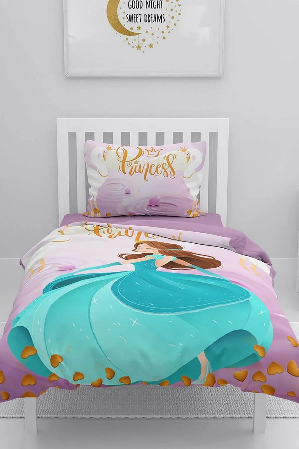 Mavi Prenses 3D Pamuk Saten Çocuk Nevresim Takımı