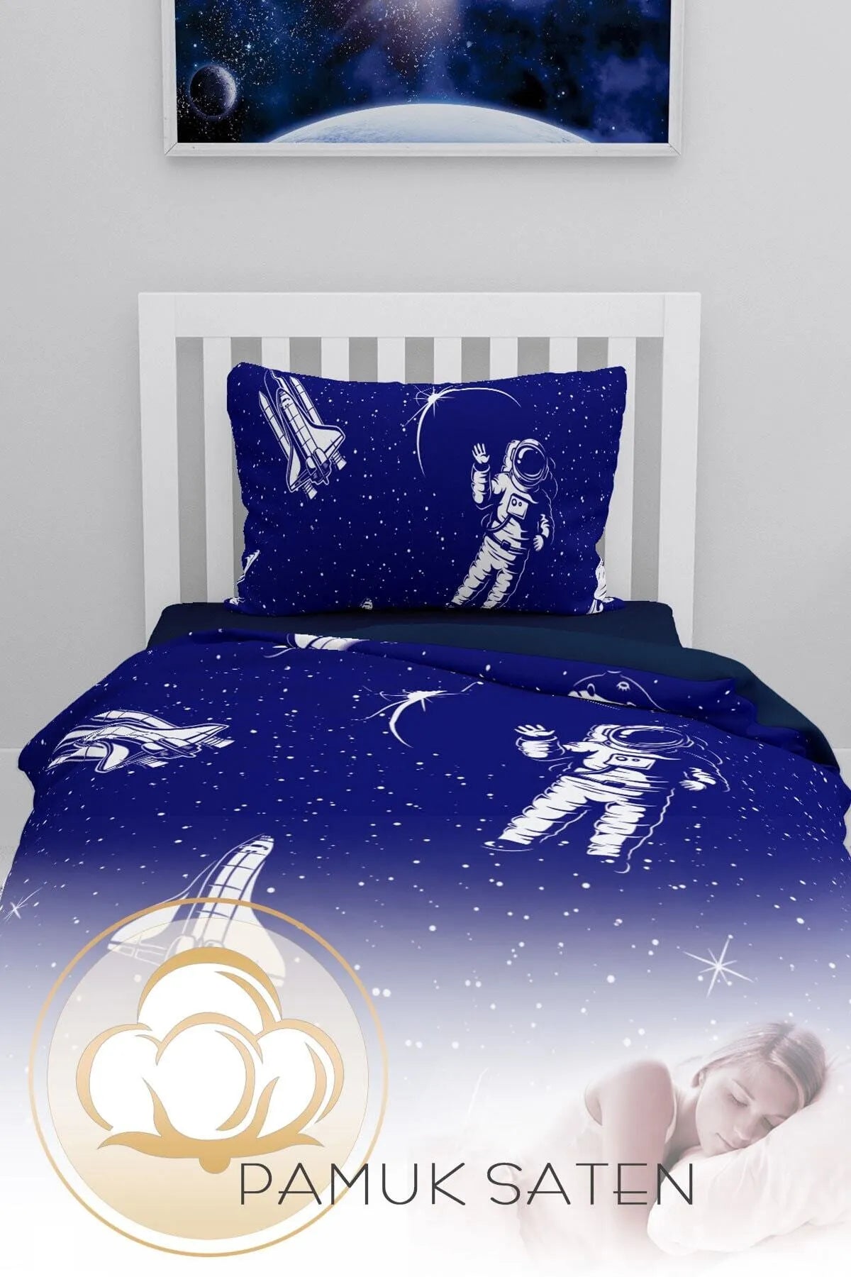 Lacivert Uzay Astronot 3d Pamuk Saten Çocuk Nevresim Takımı