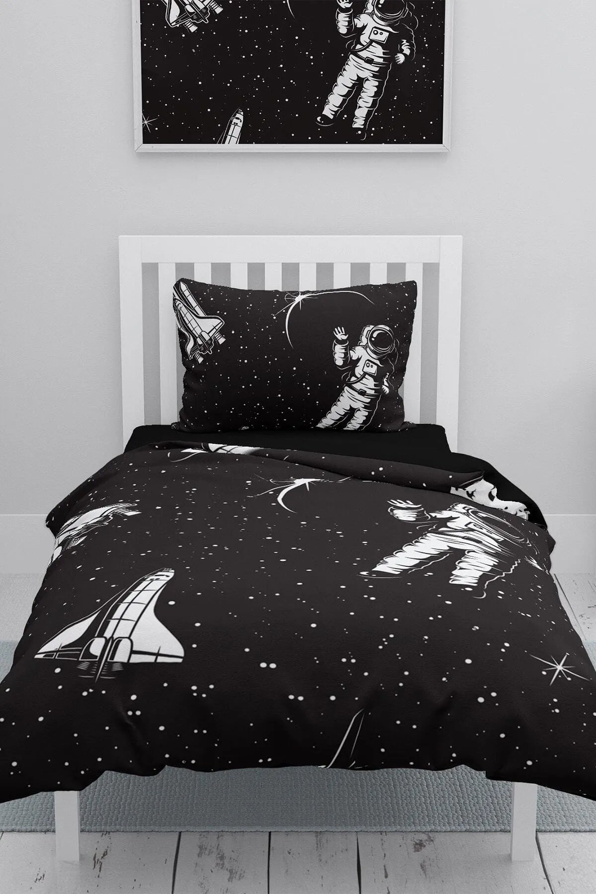 Siyah Uzay Astronot 3d Pamuk Saten Çocuk Nevresim Takımı