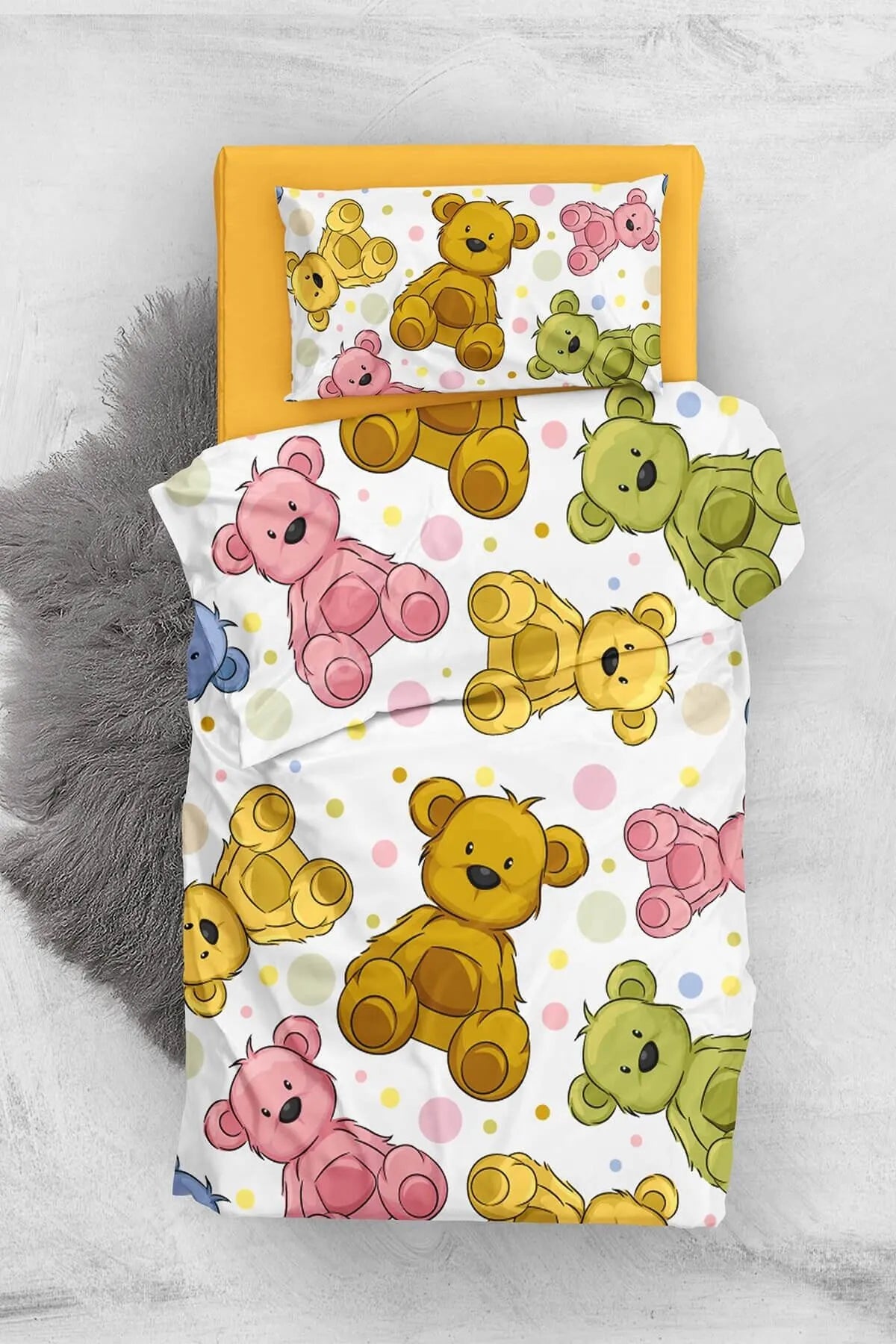 Colorful Teddy Bear 3d Pamuk Saten Bebek Nevresim Takımı