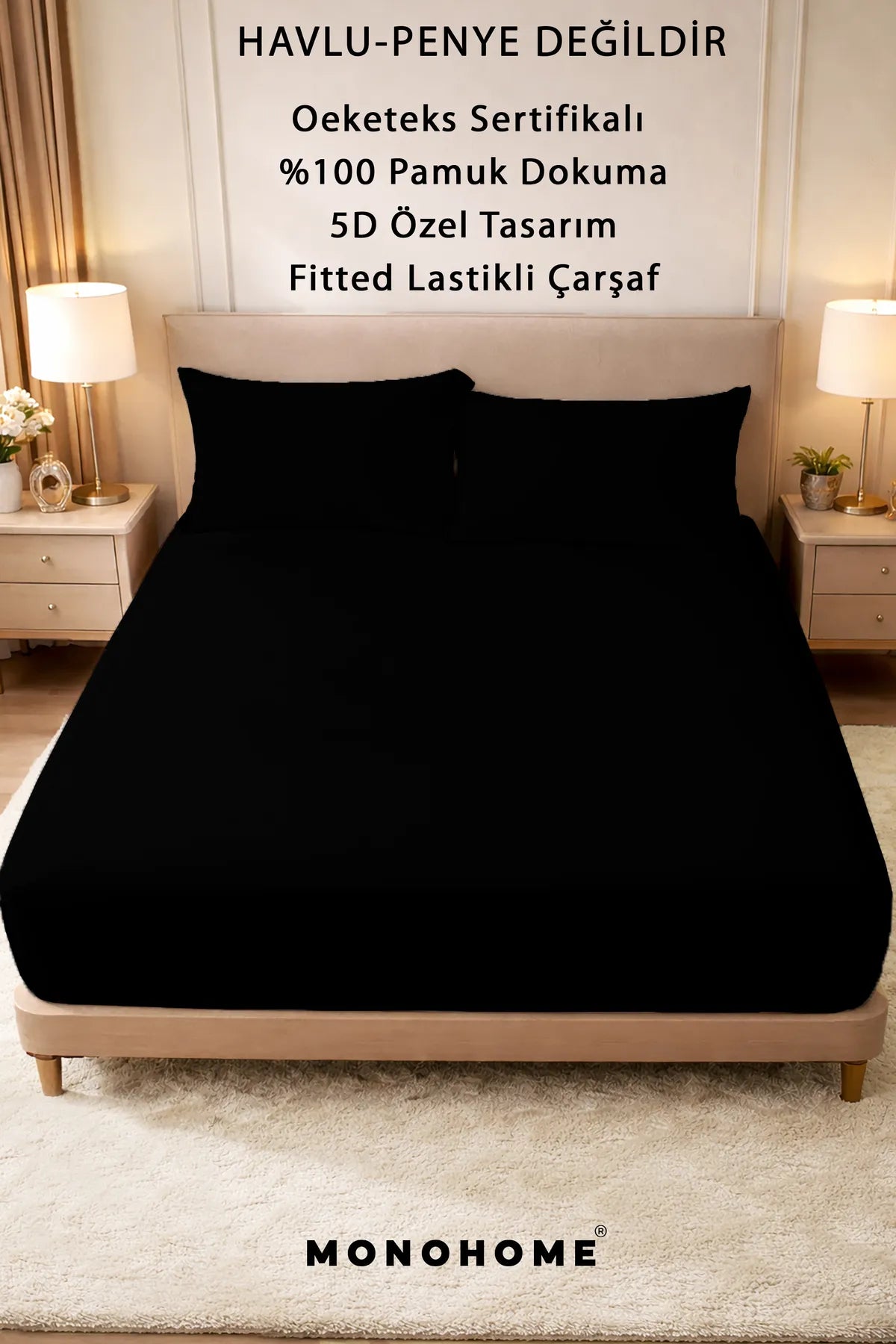 Lastikli Çarşaf %100 Pamuk Oeko-tex® Sertifikalı (Nevresim Kumaşından Üretilmiştir) 57 Tel Siyah