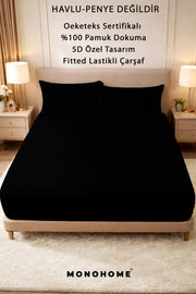 Lastikli Çarşaf %100 Pamuk Oeko-tex® Sertifikalı (Nevresim Kumaşından Üretilmiştir) 57 Tel Siyah