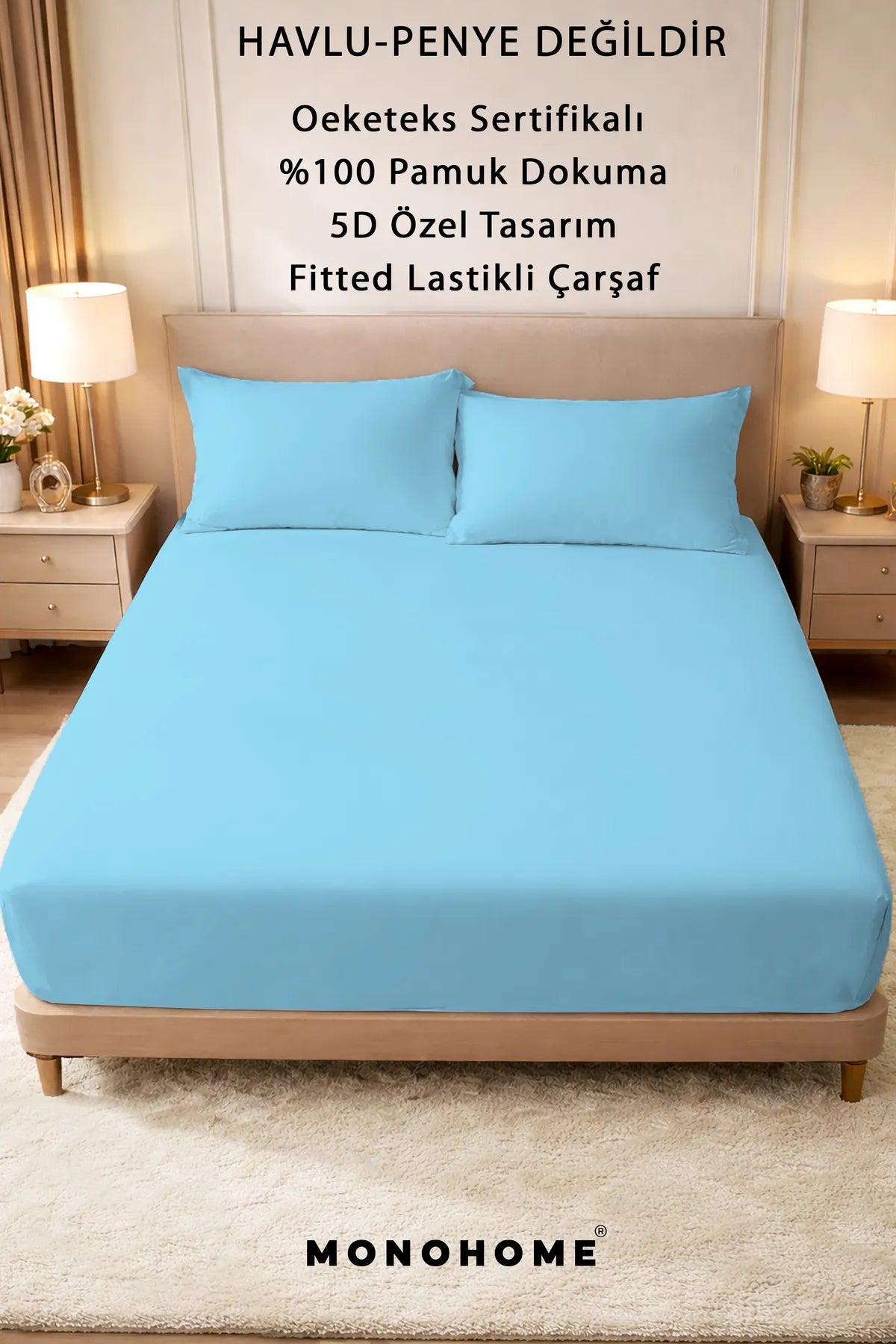 Lastikli Çarşaf %100 Pamuk Oeko-tex® Sertifikalı (Nevresim Kumaşından Üretilmiştir) 57 Tel Mavi