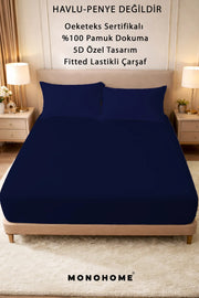 Lastikli Çarşaf %100 Pamuk Oeko-tex® Sertifikalı (Nevresim Kumaşından Üretilmiştir) 57 Tel Lacivert