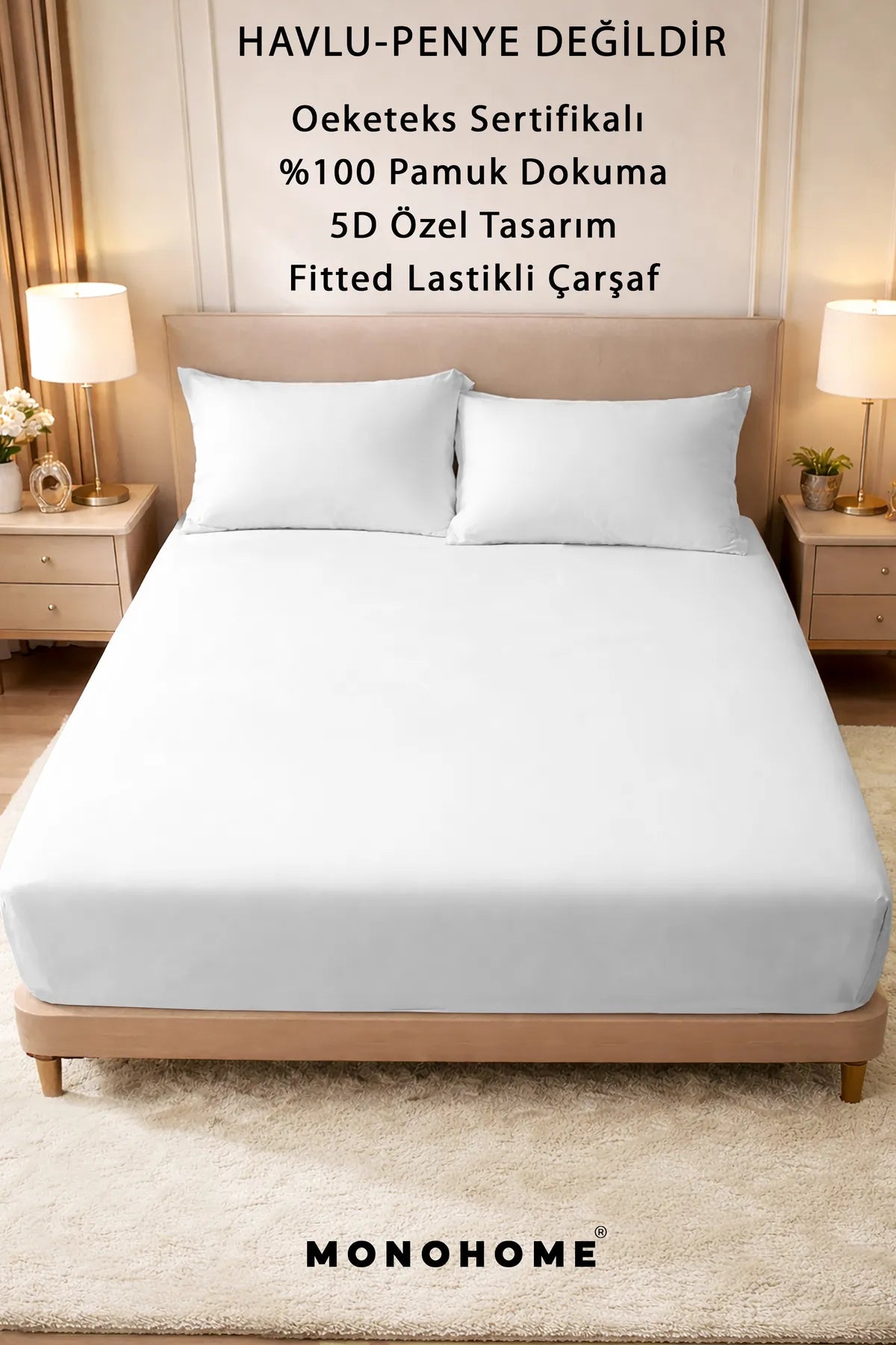 Lastikli Çarşaf %100 Pamuk Oeko-tex® Sertifikalı (Nevresim Kumaşından Üretilmiştir) 57 Tel Beyaz