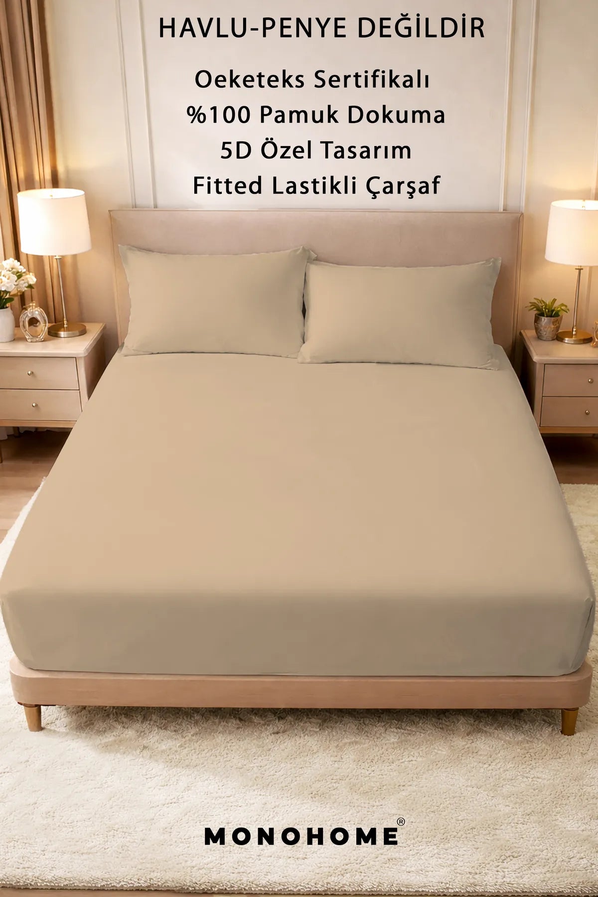 Lastikli Çarşaf %100 Pamuk Oeko-tex® Sertifikalı (Nevresim Kumaşından Üretilmiştir) 57 Tel Bej