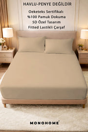 Lastikli Çarşaf %100 Pamuk Oeko-tex® Sertifikalı (Nevresim Kumaşından Üretilmiştir) 57 Tel Bej