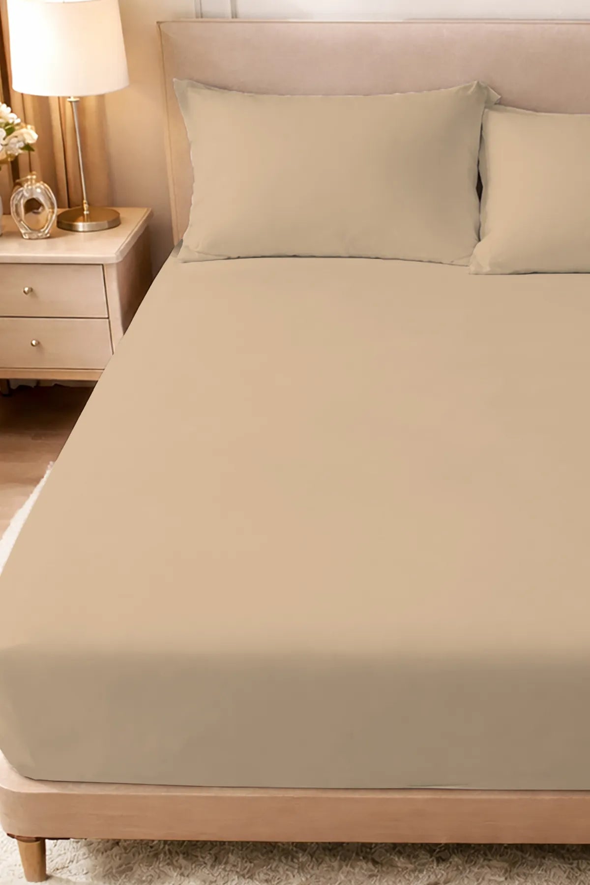 Lastikli Çarşaf %100 Pamuk Oeko-tex® Sertifikalı (Nevresim Kumaşından Üretilmiştir) 57 Tel Bej