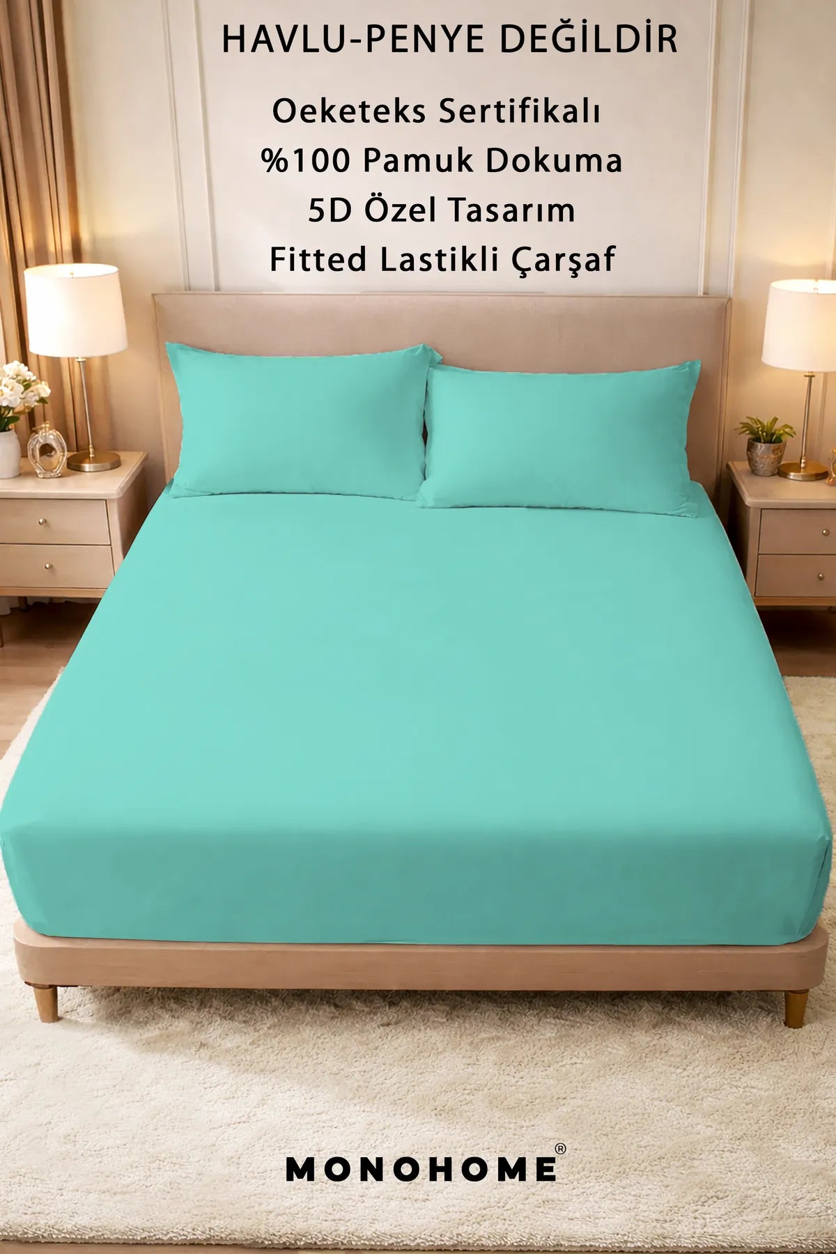 Lastikli Çarşaf %100 Pamuk Oeko-tex® Sertifikalı (Nevresim Kumaşından Üretilmiştir) 57 Tel Su Yeşili