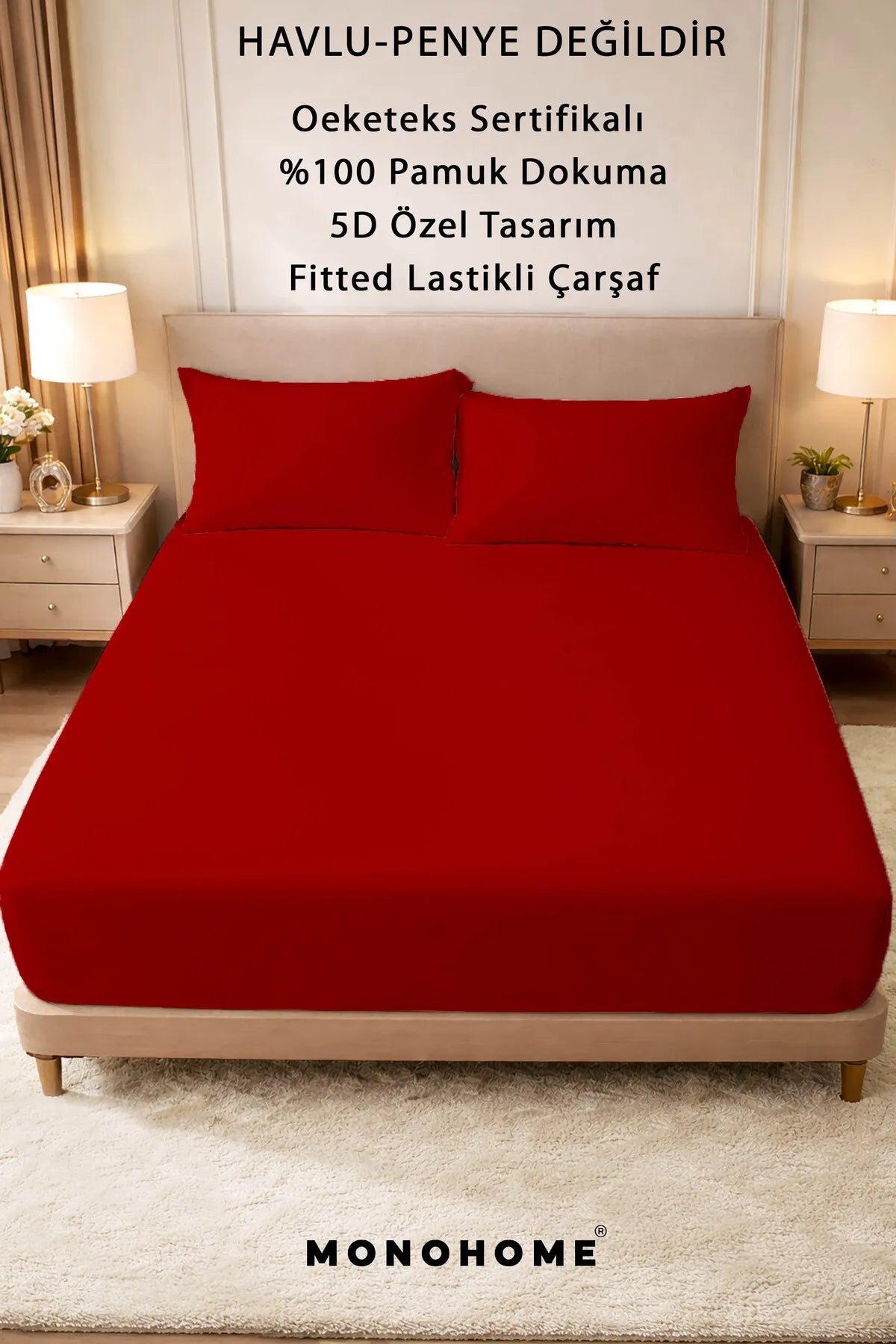 Lastikli Çarşaf %100 Pamuk Oeko-tex® Sertifikalı (Nevresim Kumaşından Üretilmiştir) 57 Tel Kırmızı