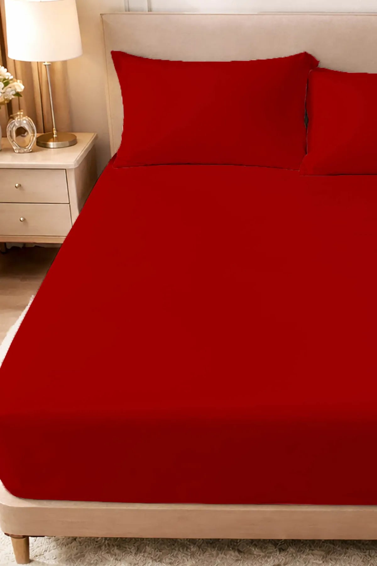 Lastikli Çarşaf %100 Pamuk Oeko-tex® Sertifikalı (Nevresim Kumaşından Üretilmiştir) 57 Tel Kırmızı