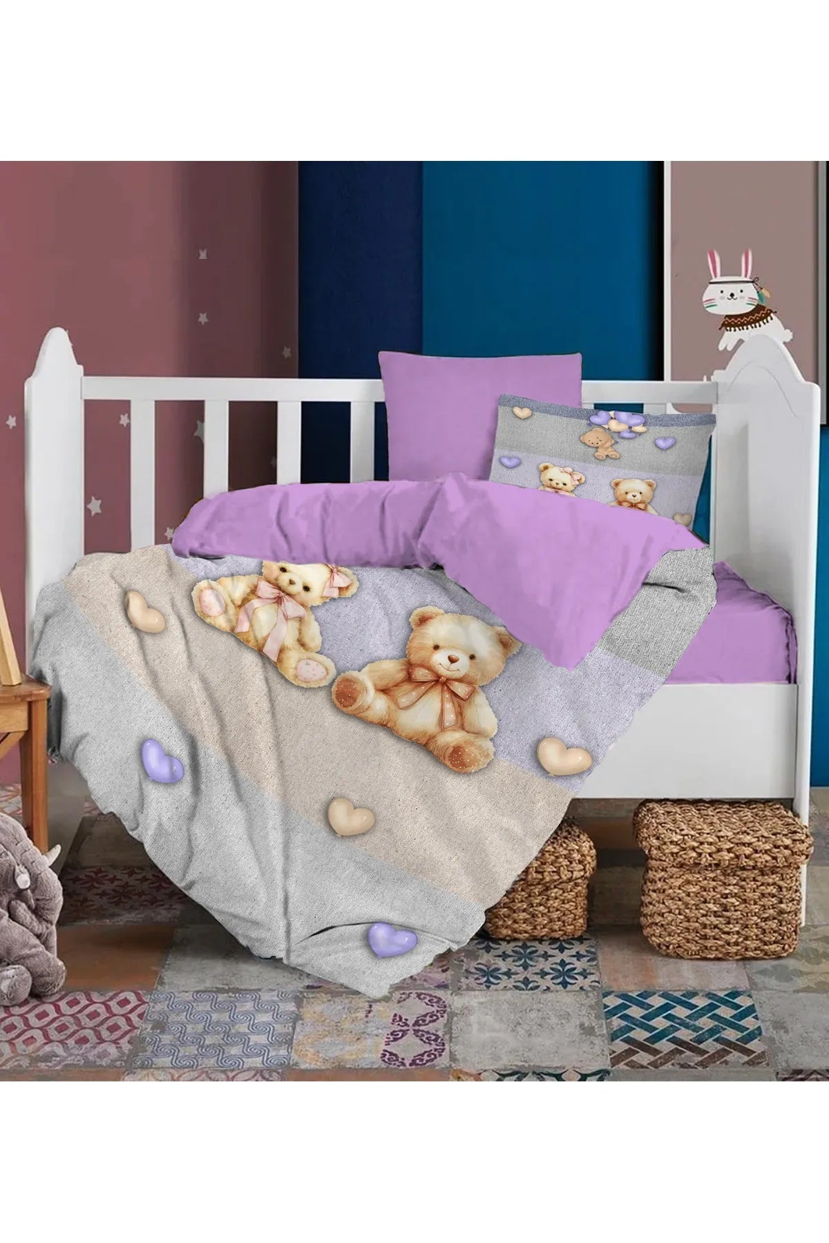 Bebek Nevresim %100 Pamuk Oeko-tex®Sertifikalı Özel Dokuma Flax Bears