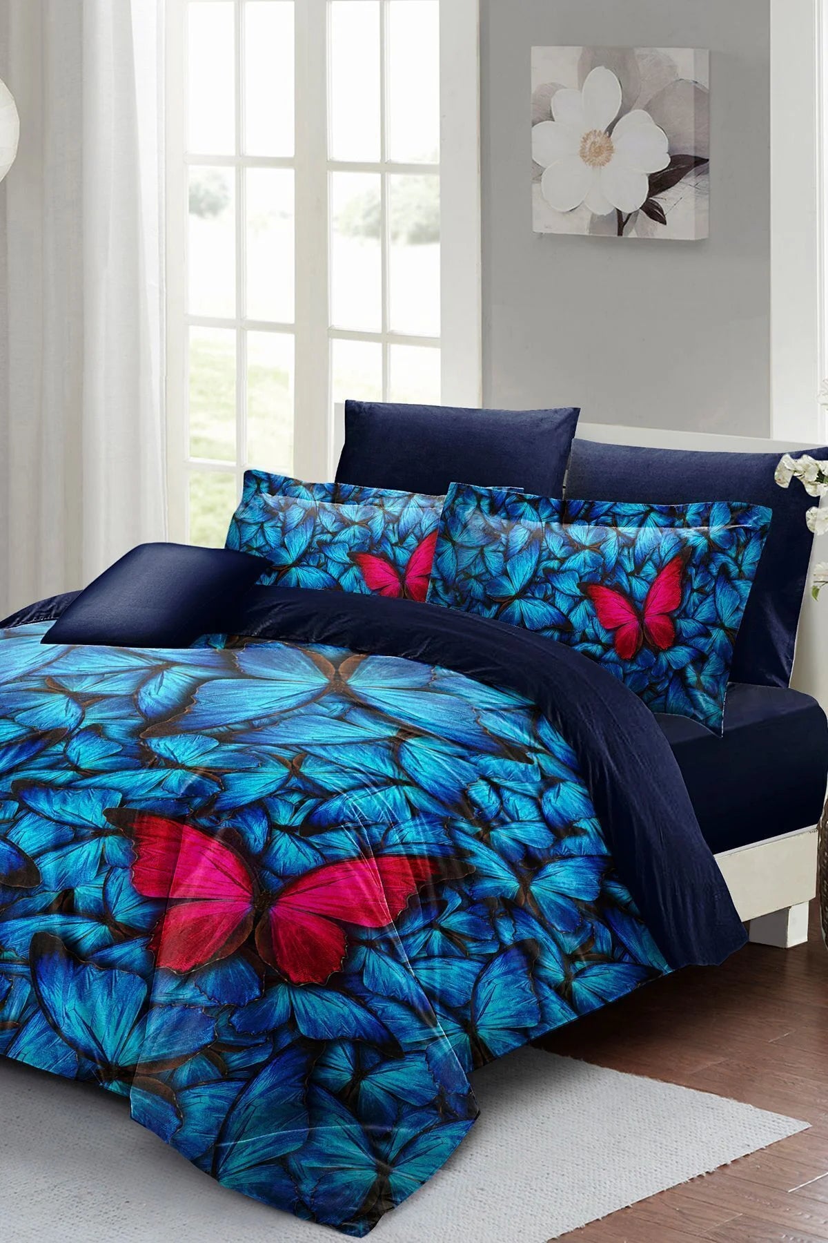 Anneler Günü Çift Kişilik Nevresim Takımı Özel Dokuma Pamuk Saten Blue Butterflies