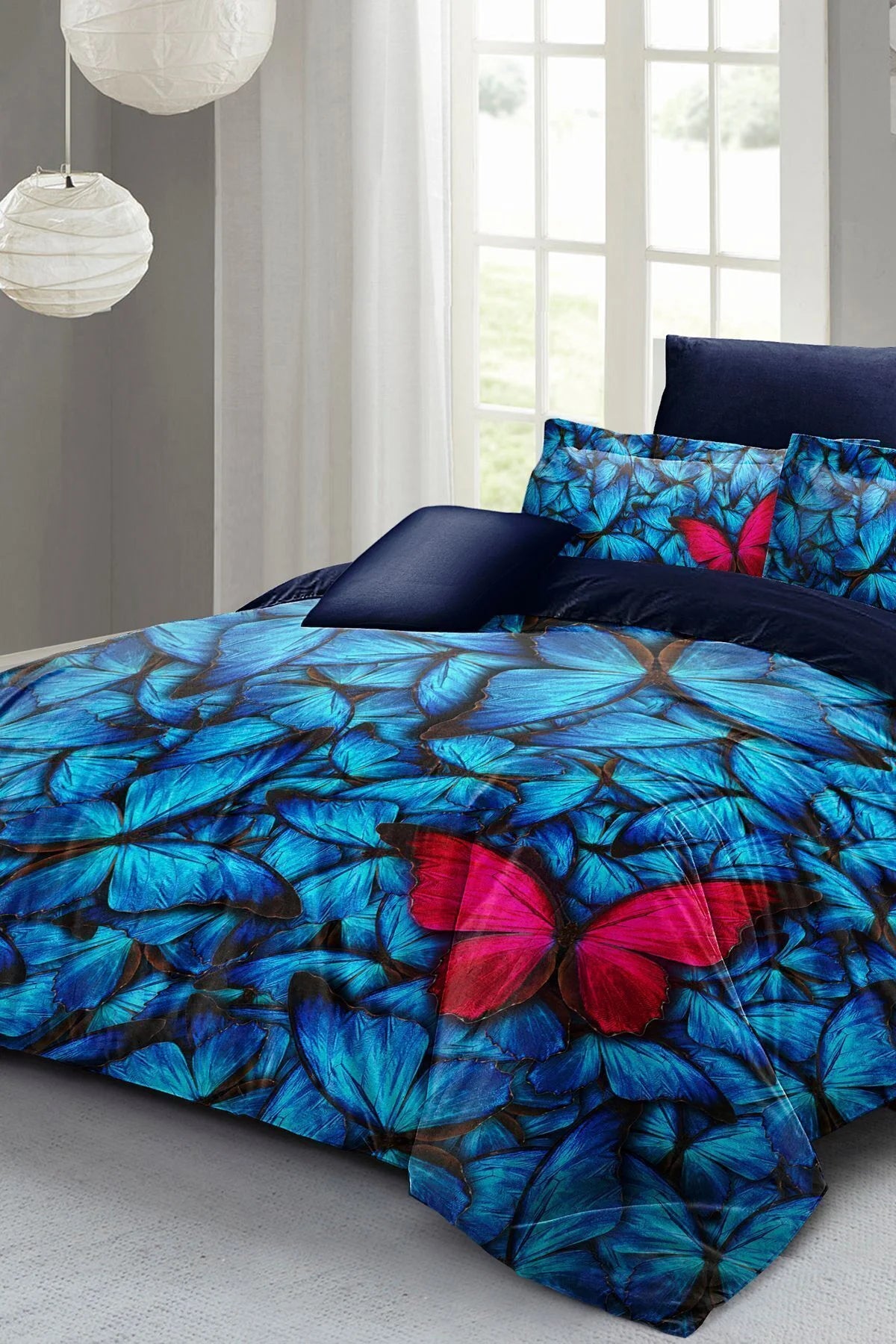 Anneler Günü Çift Kişilik Nevresim Takımı Özel Dokuma Pamuk Saten Blue Butterflies