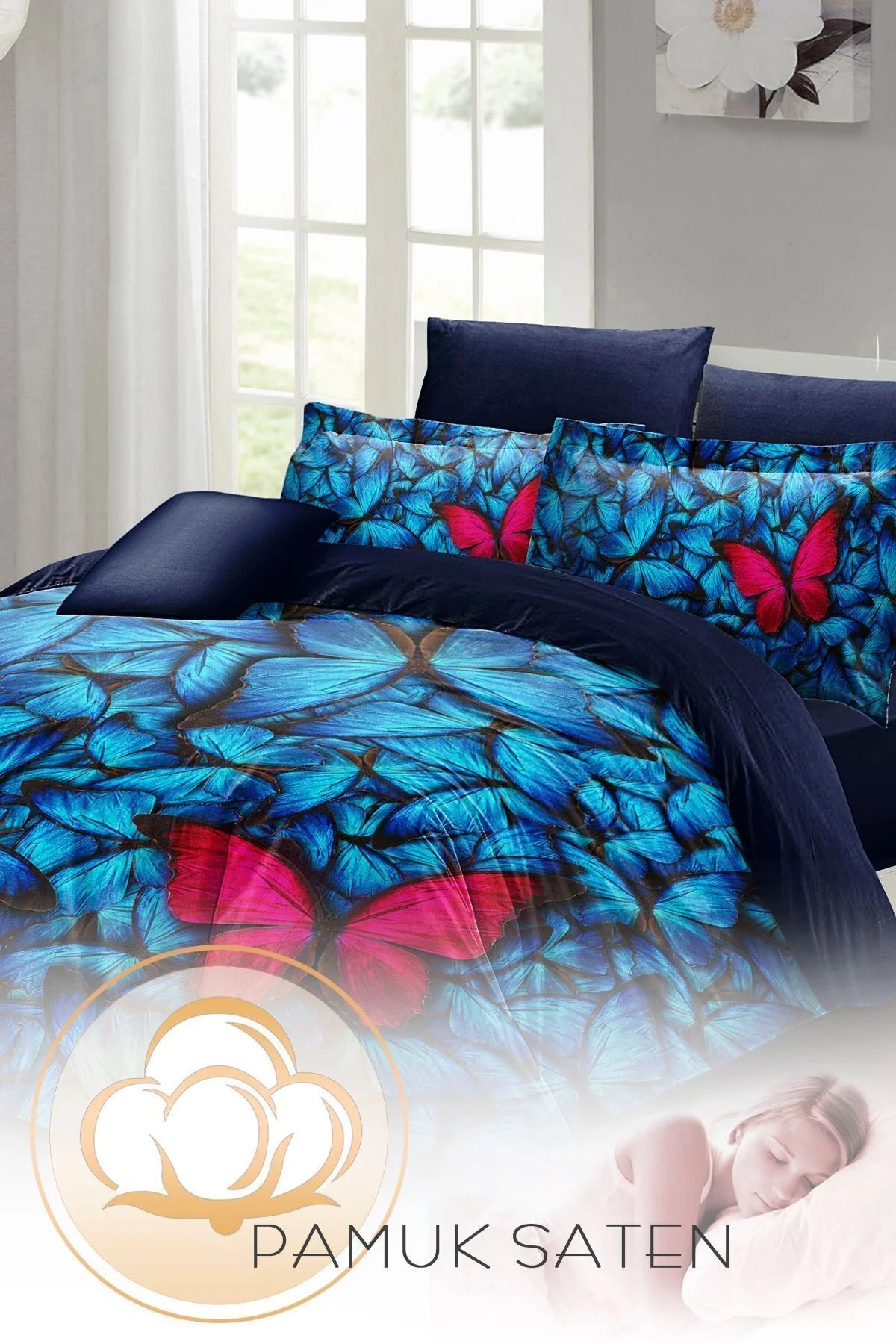 Anneler Günü Çift Kişilik Nevresim Takımı Özel Dokuma Pamuk Saten Blue Butterflies