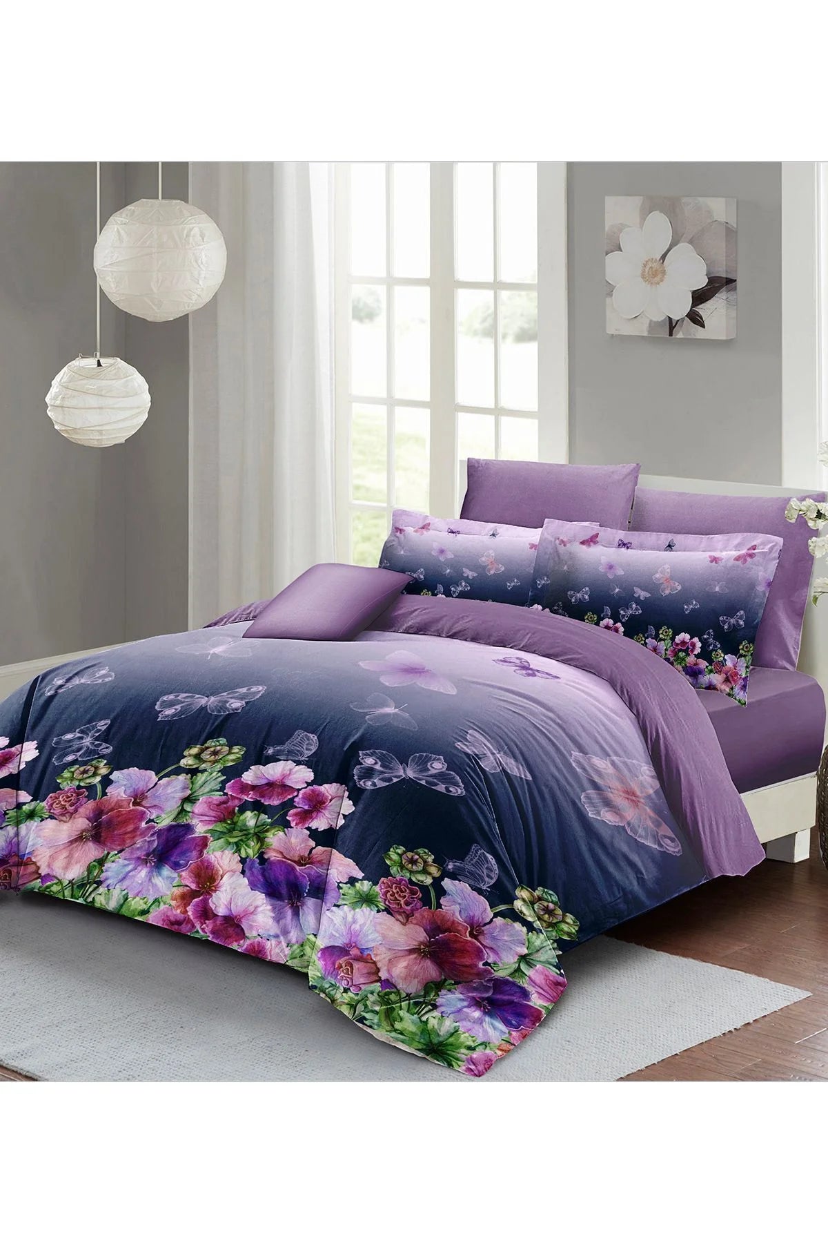 Anneler Günü Çift Kişilik Nevresim Takımı Özel Dokuma Pamuk Saten Butterflies Dream