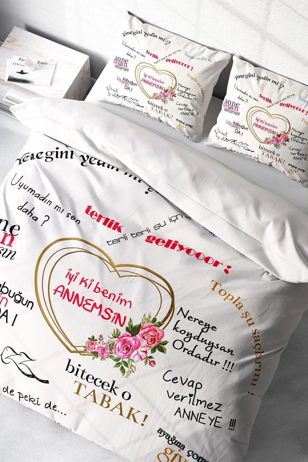 Anneler Günü Çift Kişilik Nevresim Takımı Özel Dokuma Pamuk Saten İyi Ki Benim Annemsin