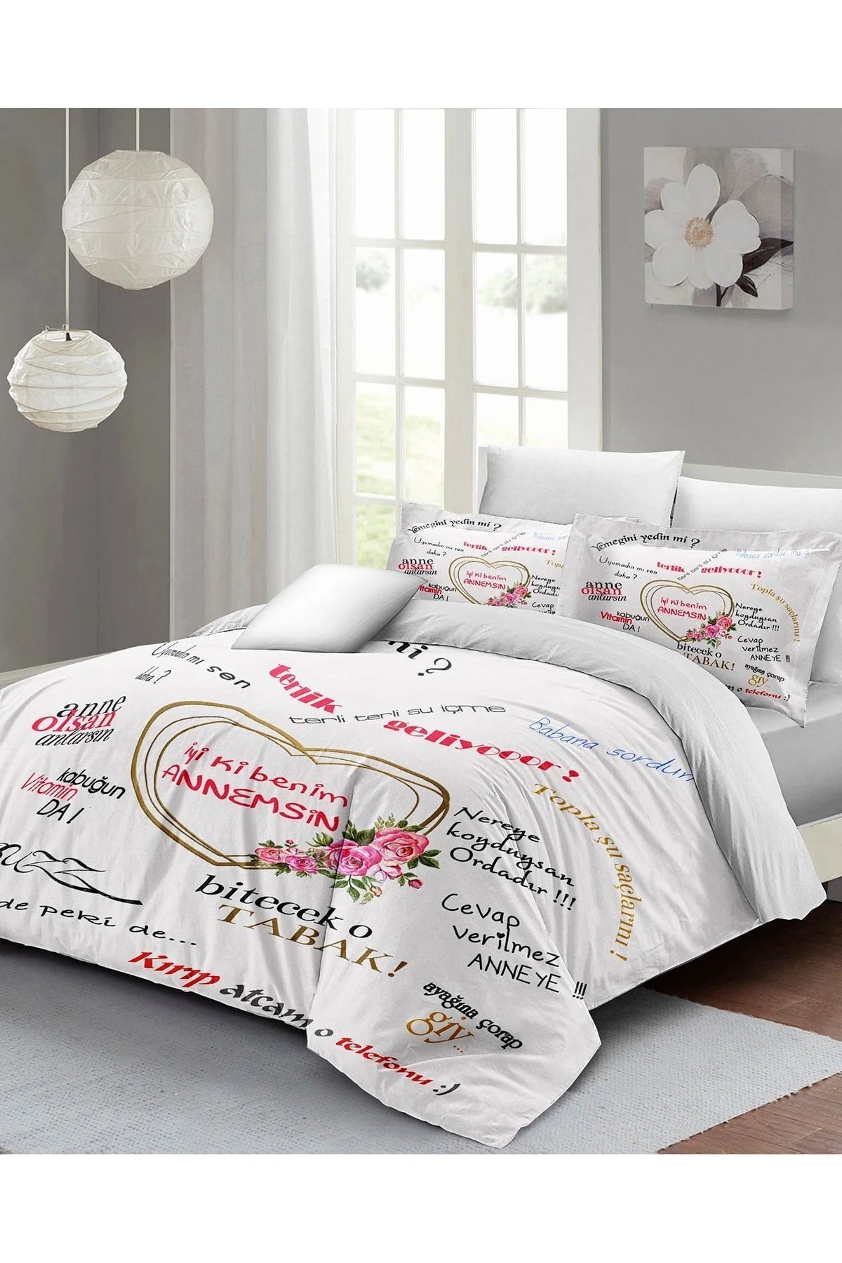 Anneler Günü Çift Kişilik Nevresim Takımı Özel Dokuma Pamuk Saten İyi Ki Benim Annemsin
