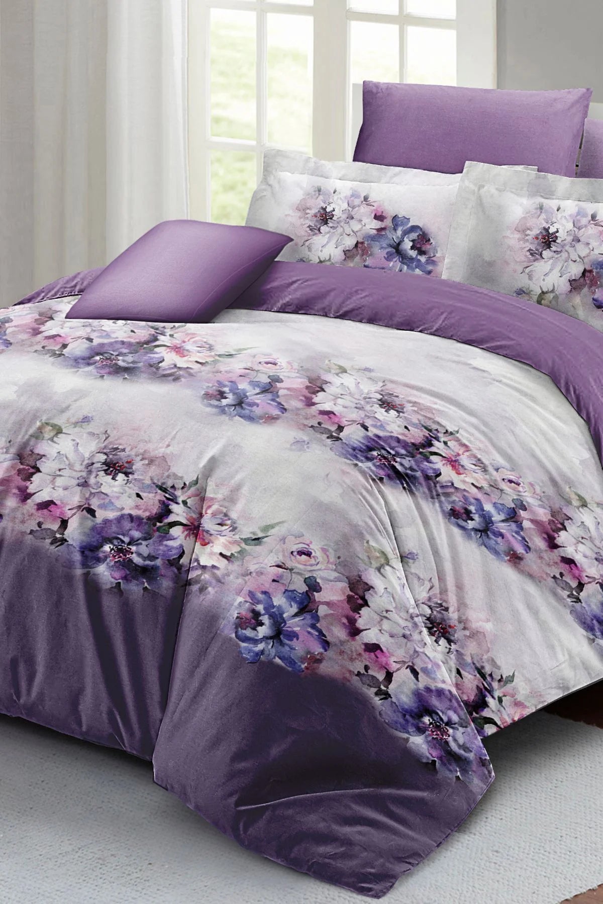 Anneler Günü Hediyesi Nevresim Takımı Özel Dokuma Pamuk Saten Çift Kişilik Lila Çiçekleri