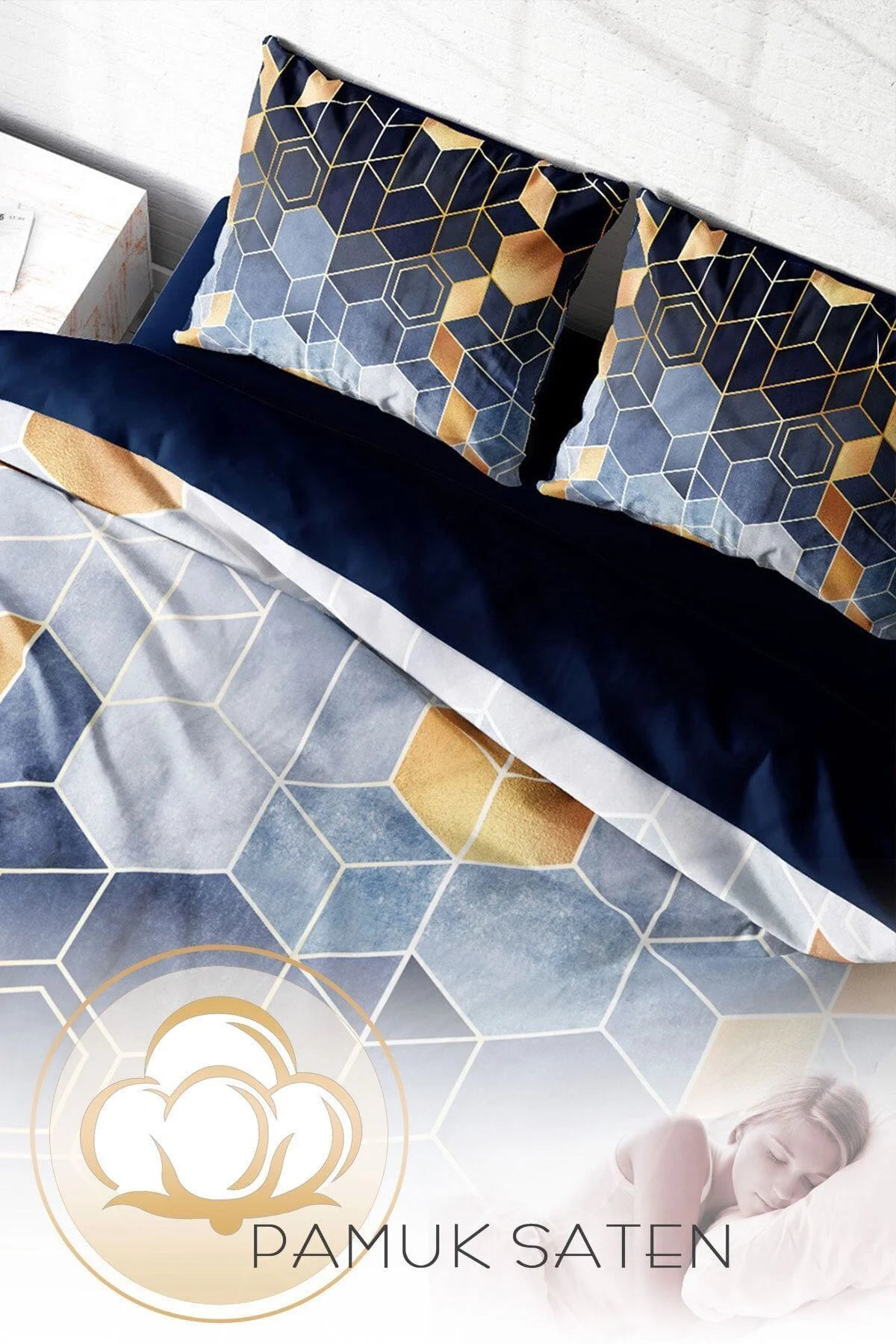 Arty Blue 3D Pamuk Saten Çift Kişilik Nevresim Takımı