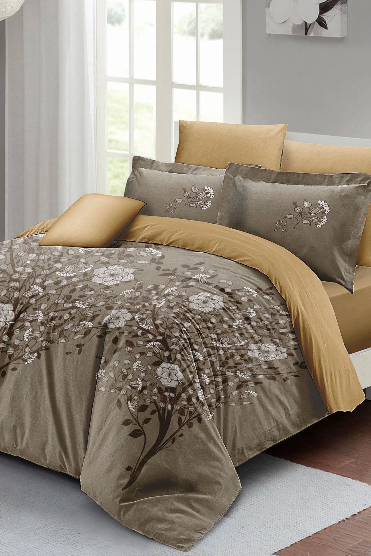 Autumn Brown Çift Kişilik Nevresim Takımı 3D Pamuk Saten
