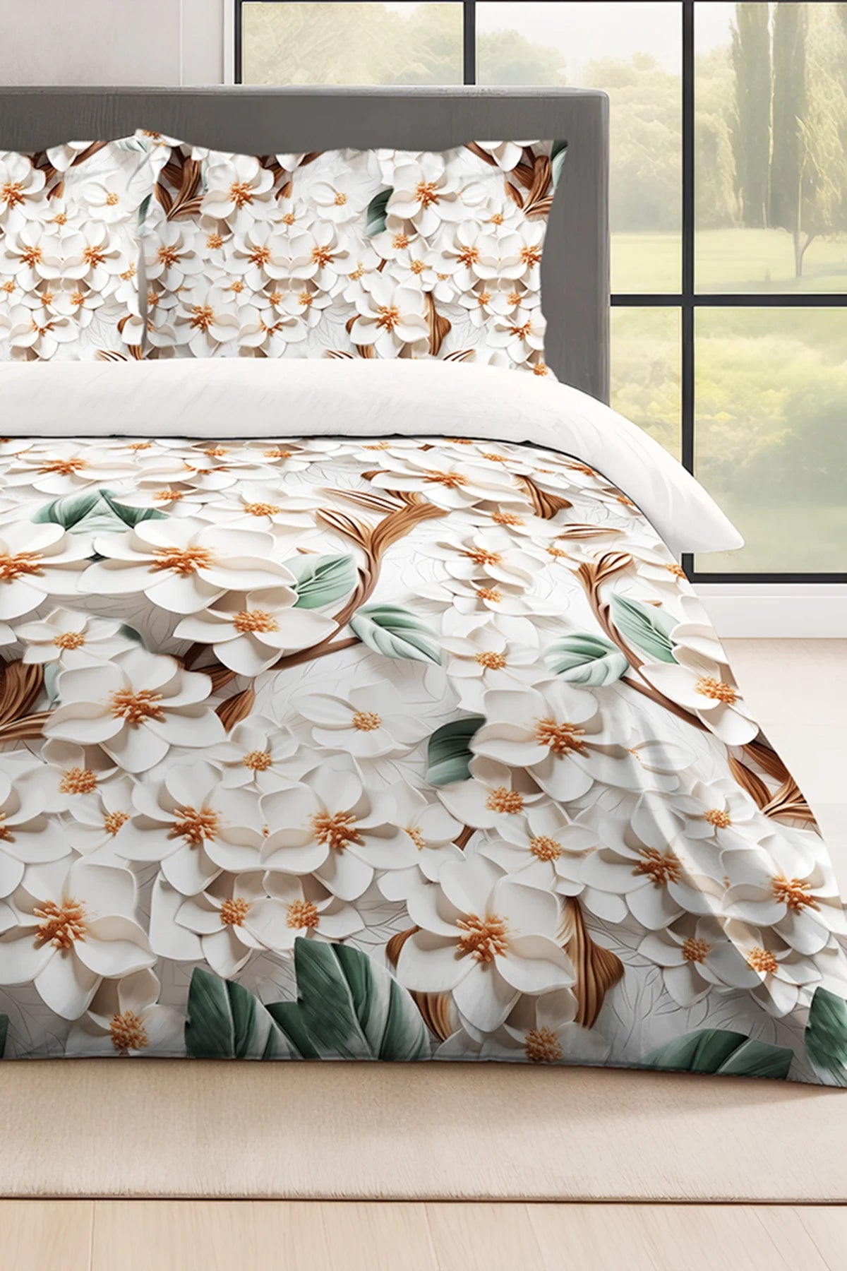 Beyaz Çiçek Desenli 5D Dijital Baskılı Nevresim Takımı – Çift Kişilik