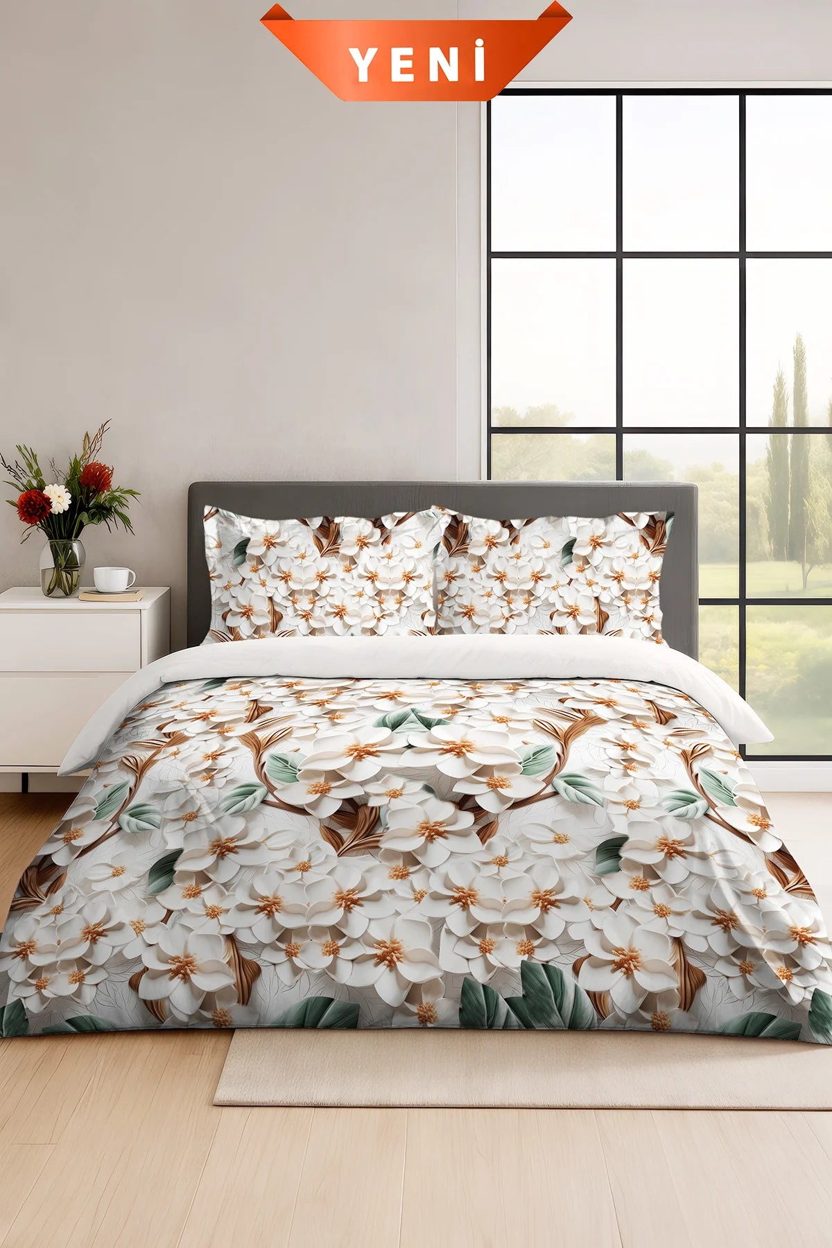 Beyaz Çiçek Desenli 5D Dijital Baskılı Nevresim Takımı – Çift Kişilik