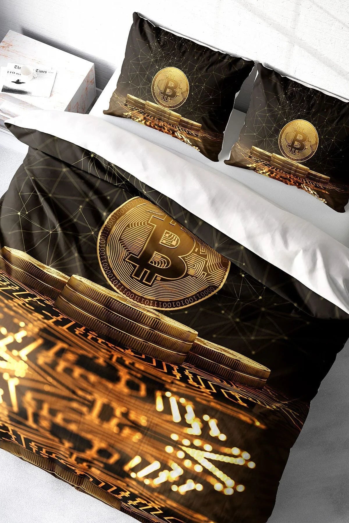 Bitcoin-2 3D Pamuk Saten Çift Kişilik Nevresim Takımı