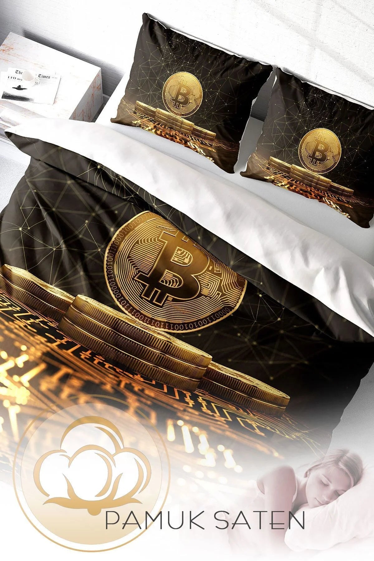 Bitcoin-2 3D Pamuk Saten Çift Kişilik Nevresim Takımı