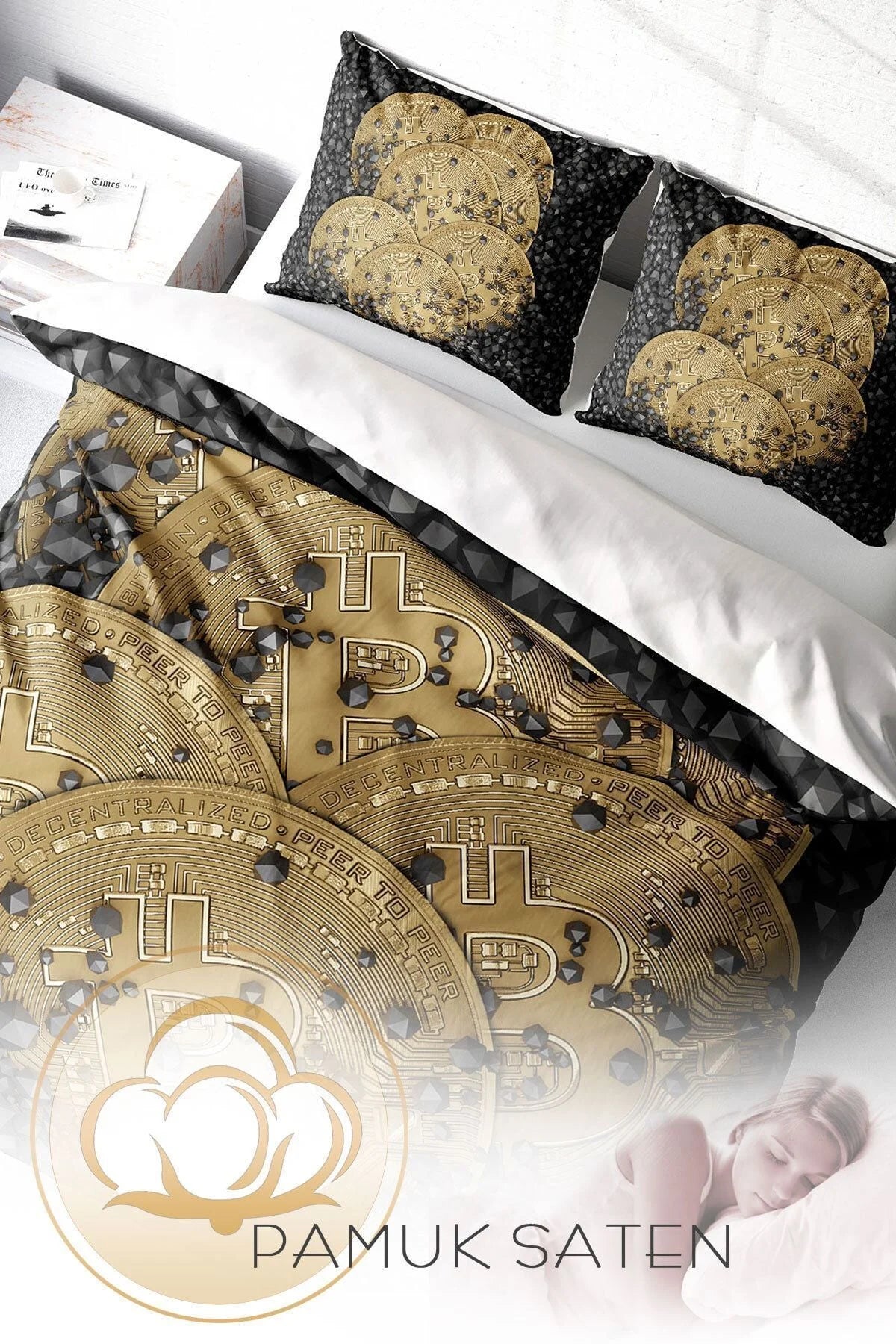 Bitcoin 1 3D Pamuk Saten Çift Kişilik Nevresim Takımı