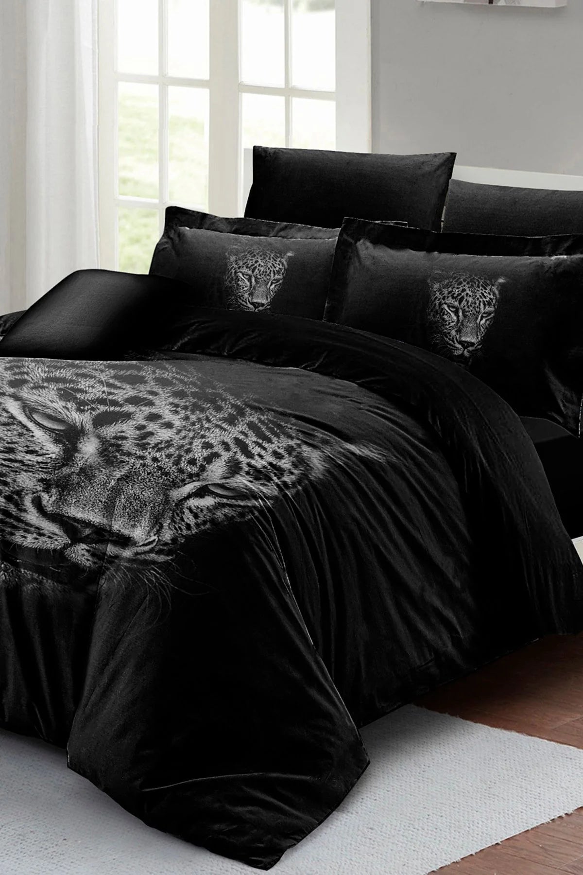 Black Leopar Çift Kişilik Nevresim Takımı Özel Dokuma Pamuk Saten 3D Özel Tasarım