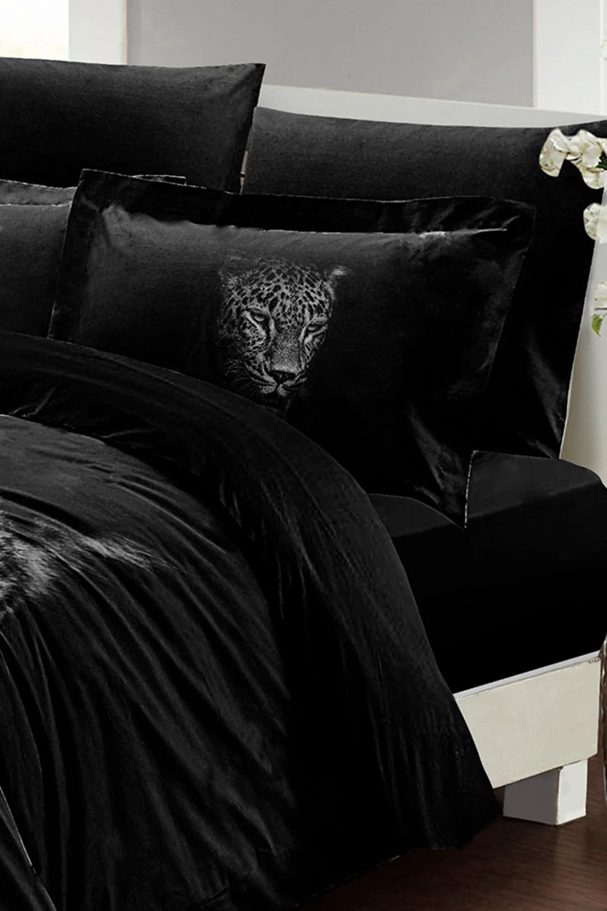 Black Leopar Çift Kişilik Nevresim Takımı Özel Dokuma Pamuk Saten 3D Özel Tasarım