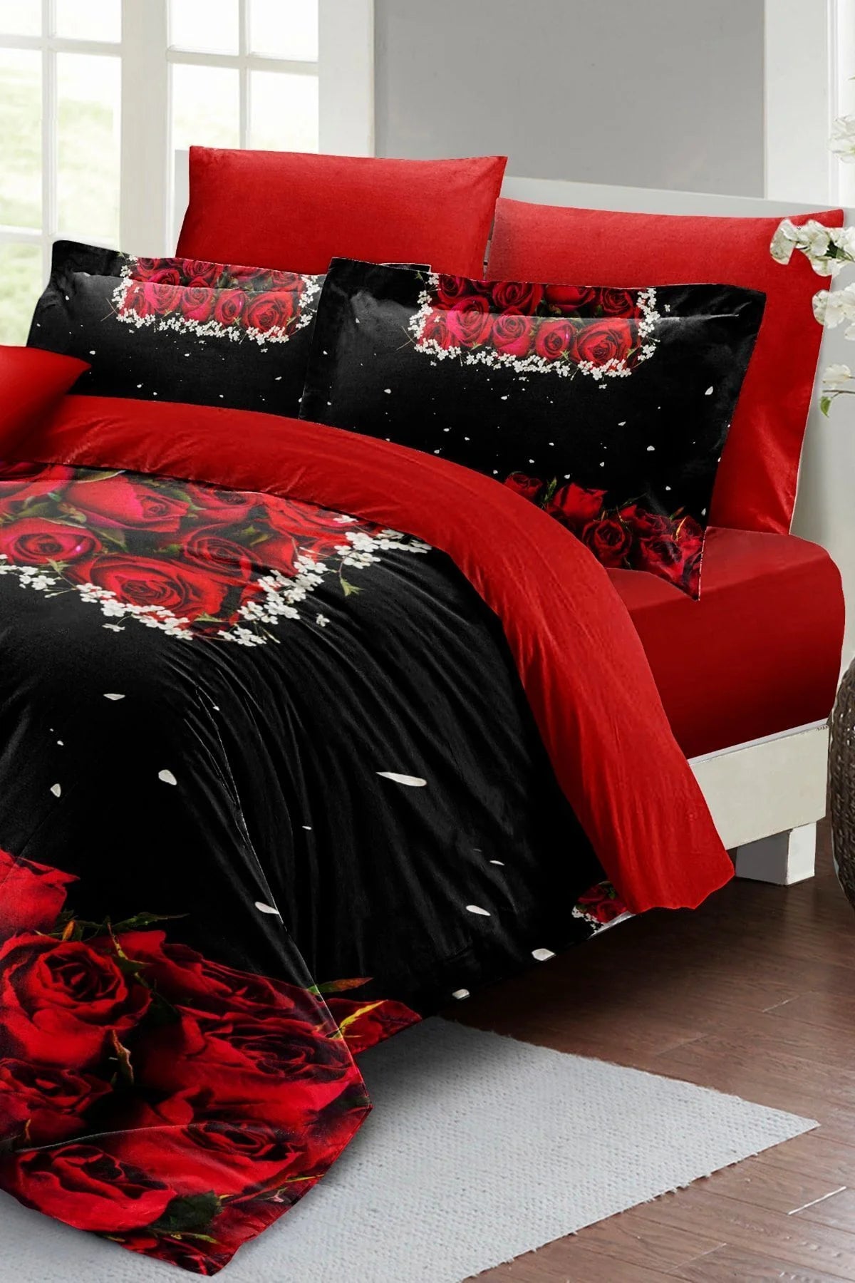 Black Rose 3D Pamuk Saten %100 Pamuk Çift Kişilik Nevresim Takımı