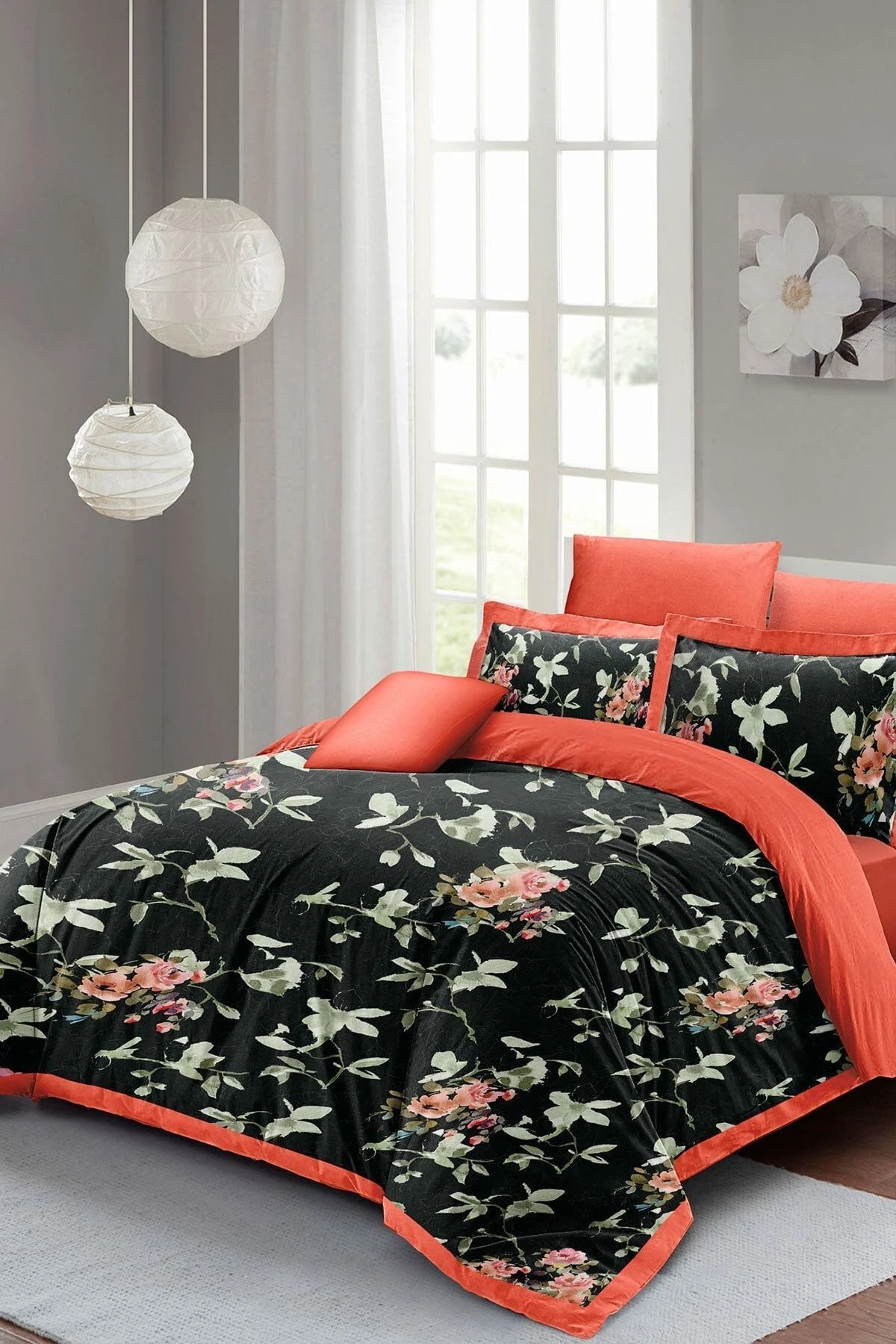 Black Somon Flower Çift Kişilik Nevresim Takımı 3D Pamuk Saten