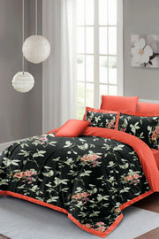 Black Somon Flower Çift Kişilik Nevresim Takımı 3D Pamuk Saten
