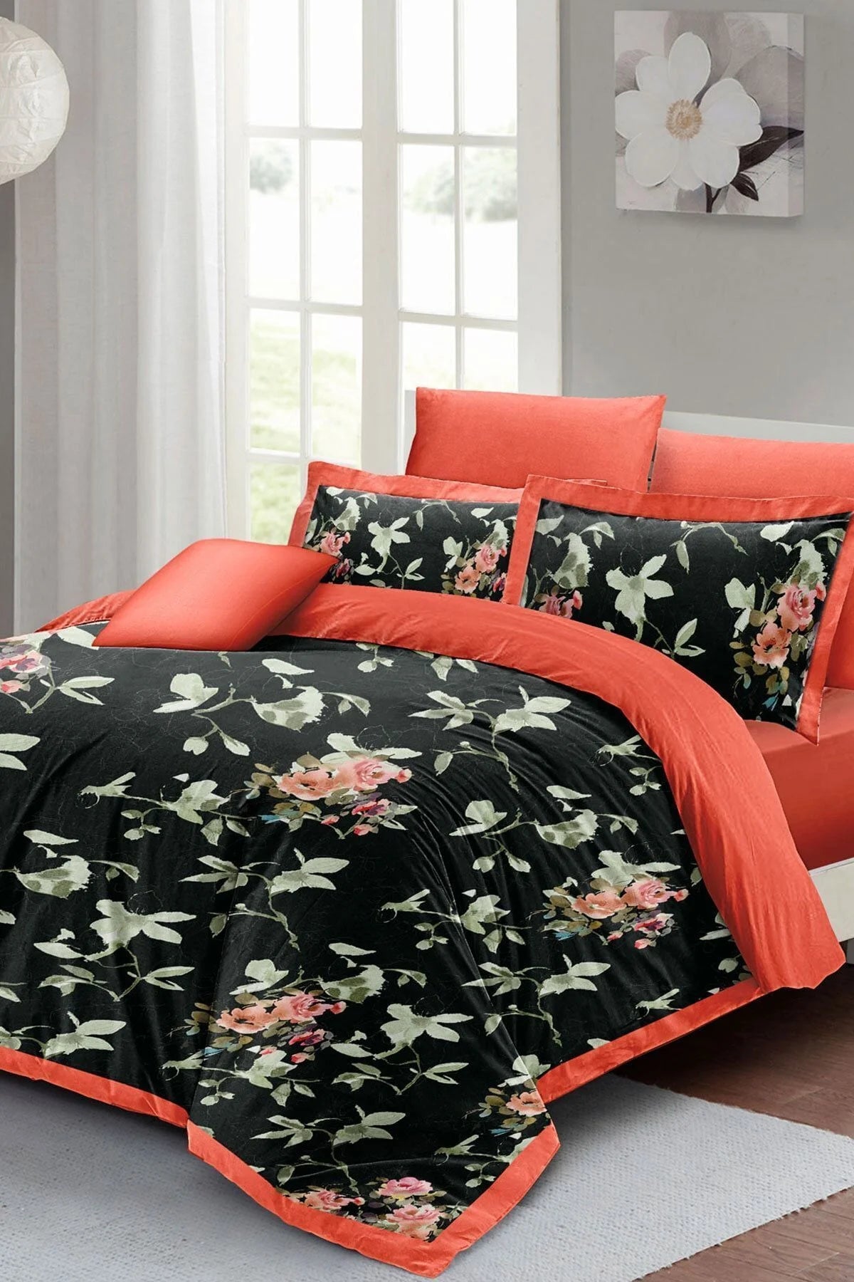 Black Somon Flower Çift Kişilik Nevresim Takımı 3D Pamuk Saten