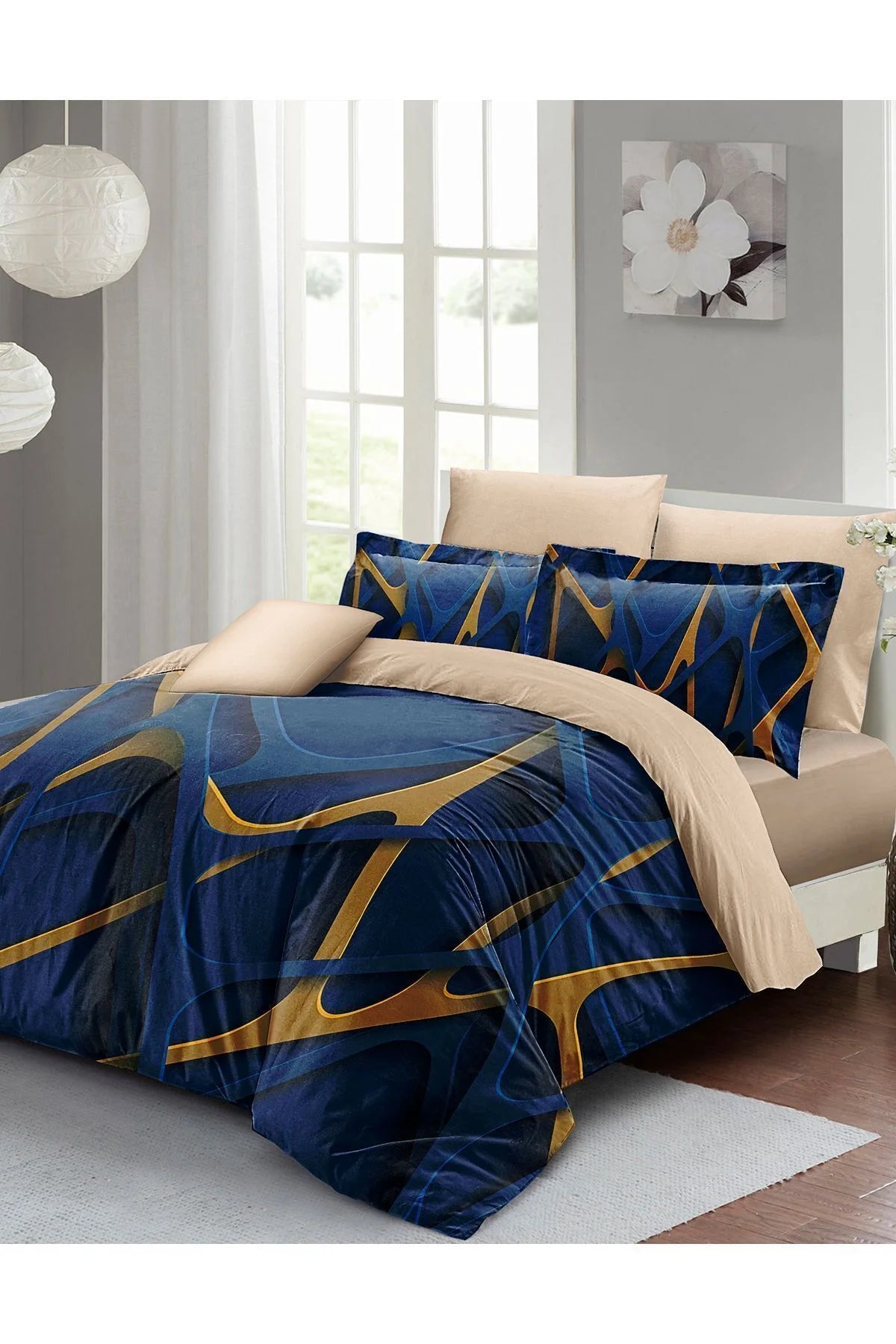 Blue Brown 3D Pamuk Saten Çift Kişilik Nevresim Takımı