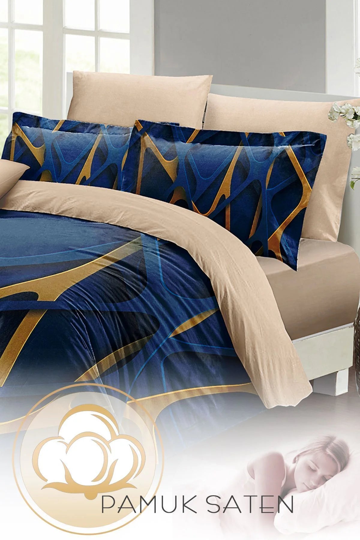 Blue Brown 3D Pamuk Saten Çift Kişilik Nevresim Takımı