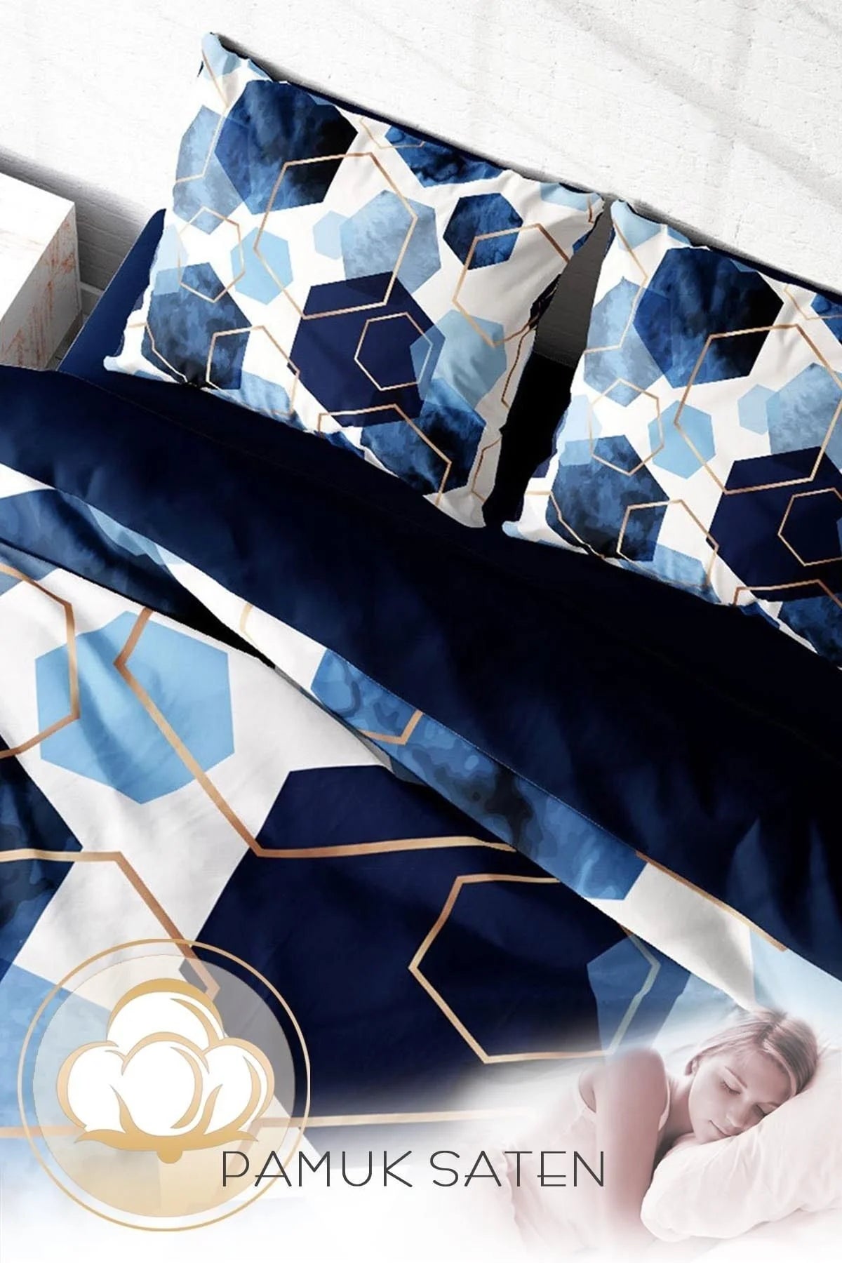 Blue Hexagon 3D Pamuk Saten Çift Kişilik Nevresim Takımı