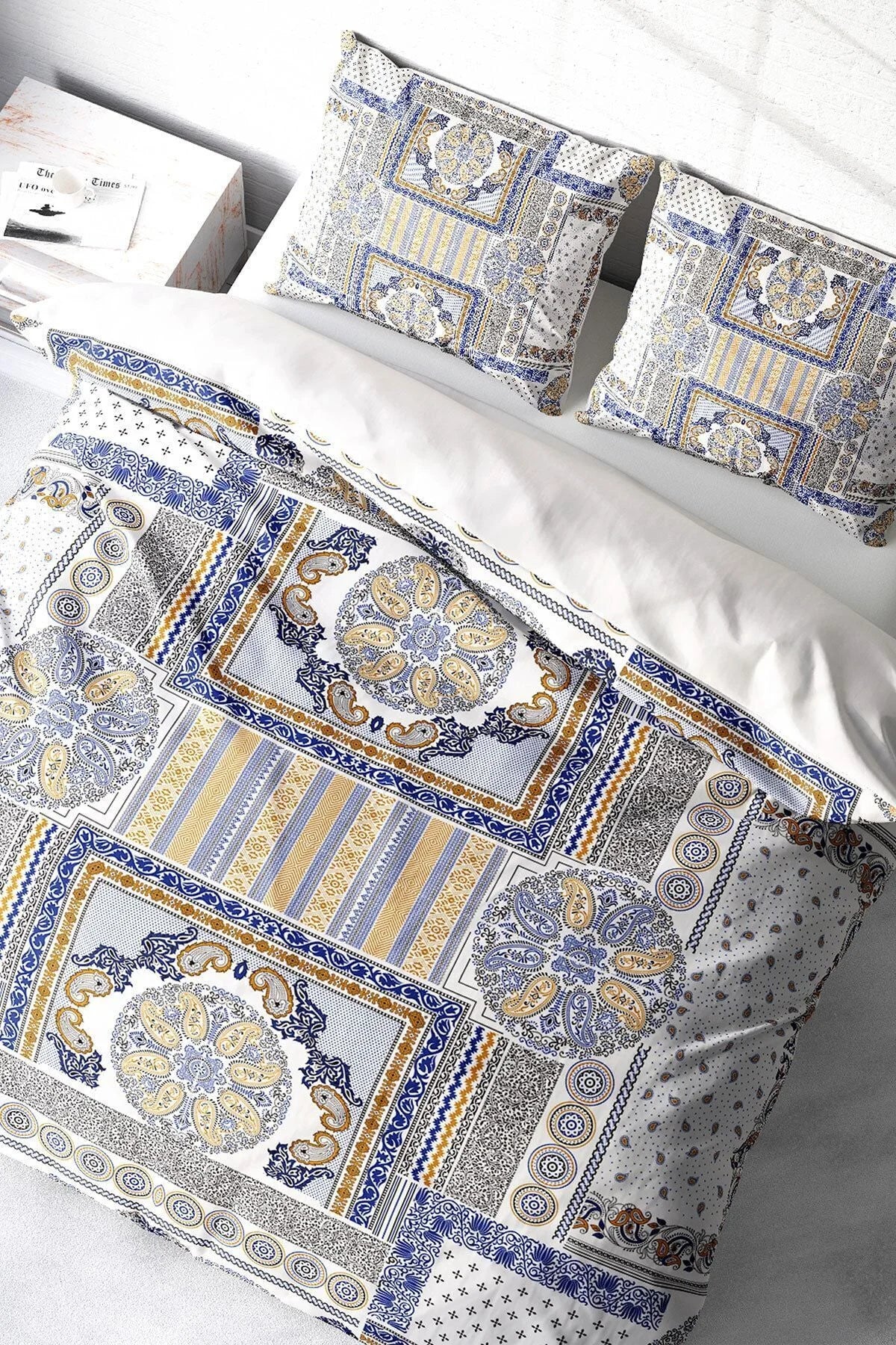 Blue Patchwork 3D Pamuk Saten Çift Kişilik Nevresim Takımı