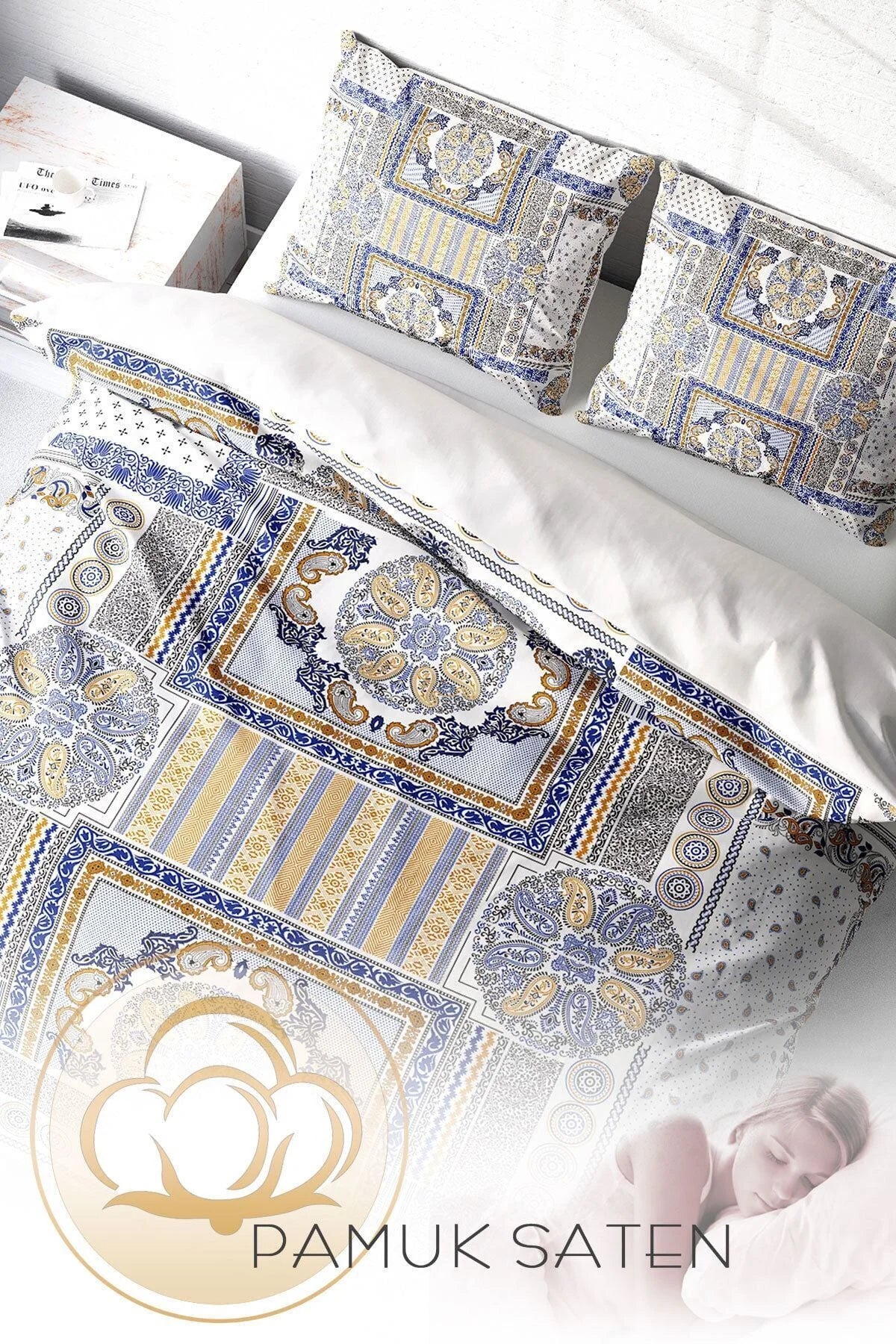 Blue Patchwork 3D Pamuk Saten Çift Kişilik Nevresim Takımı