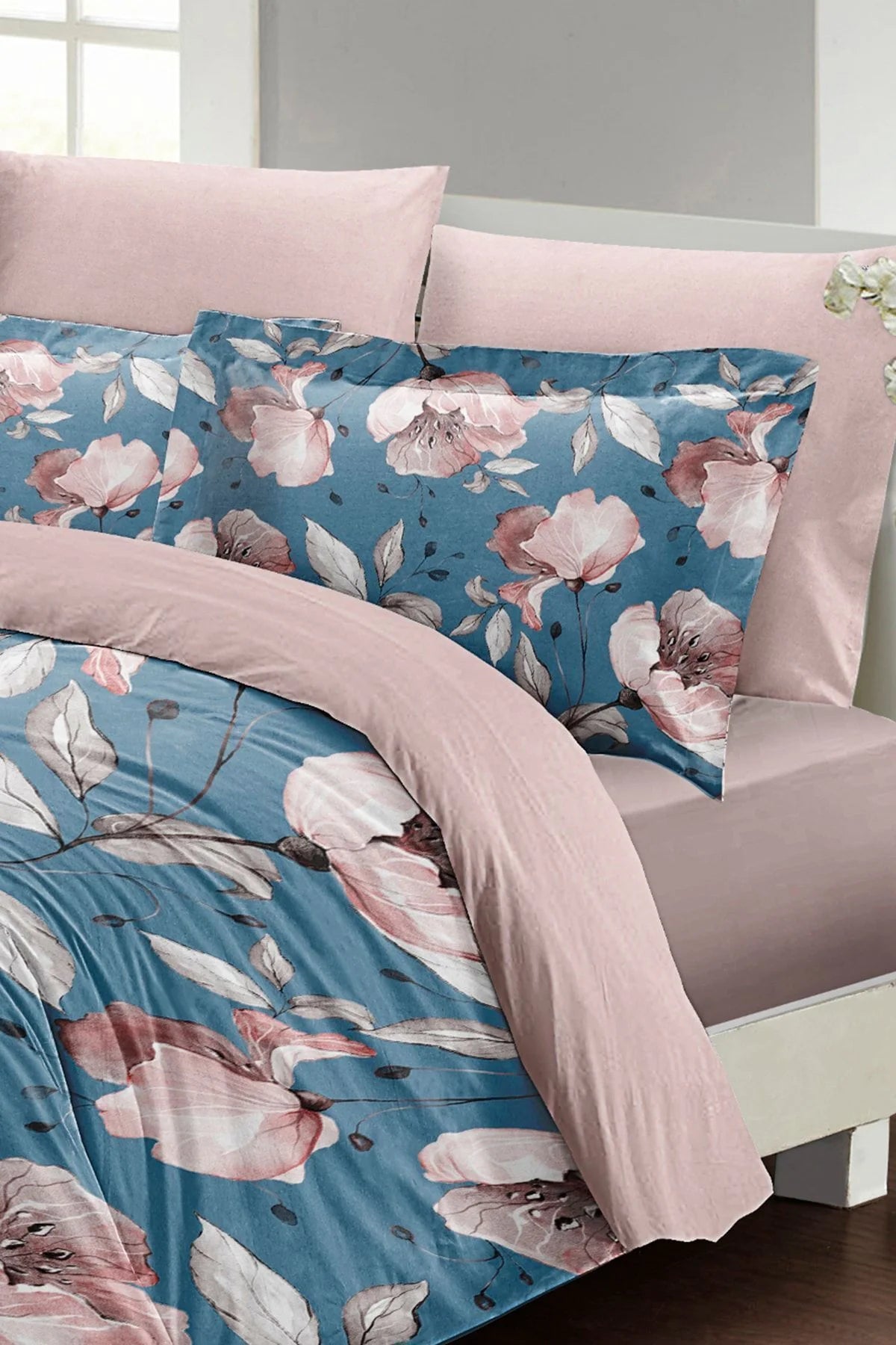 Blue Rose Çift Kişilik Nevresim Takımı 3D Pamuk Saten
