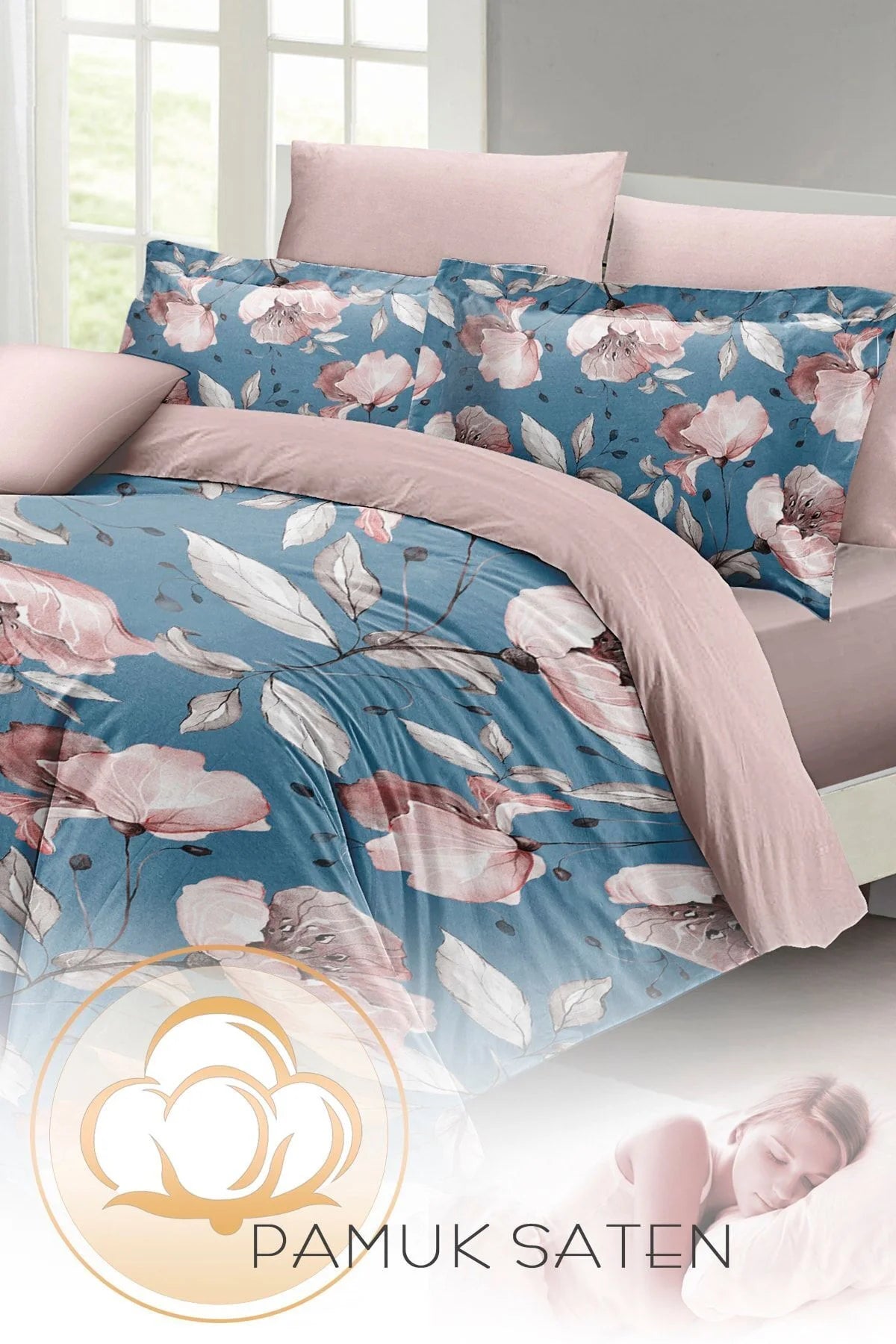 Blue Rose Çift Kişilik Nevresim Takımı 3D Pamuk Saten