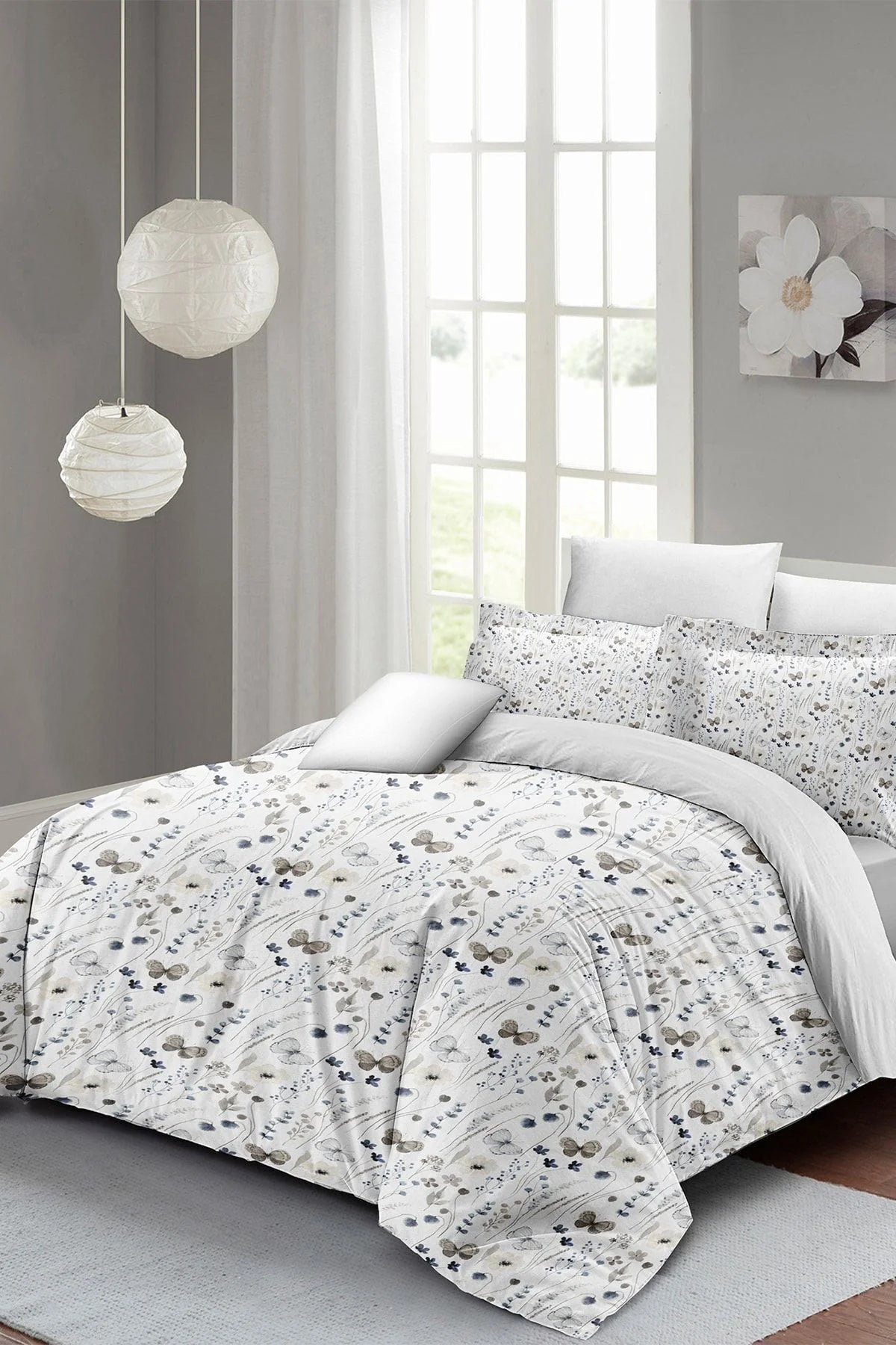 Butterfly Flower Luxury Çift Kişilik Pamuk Saten Nevresim Takımı