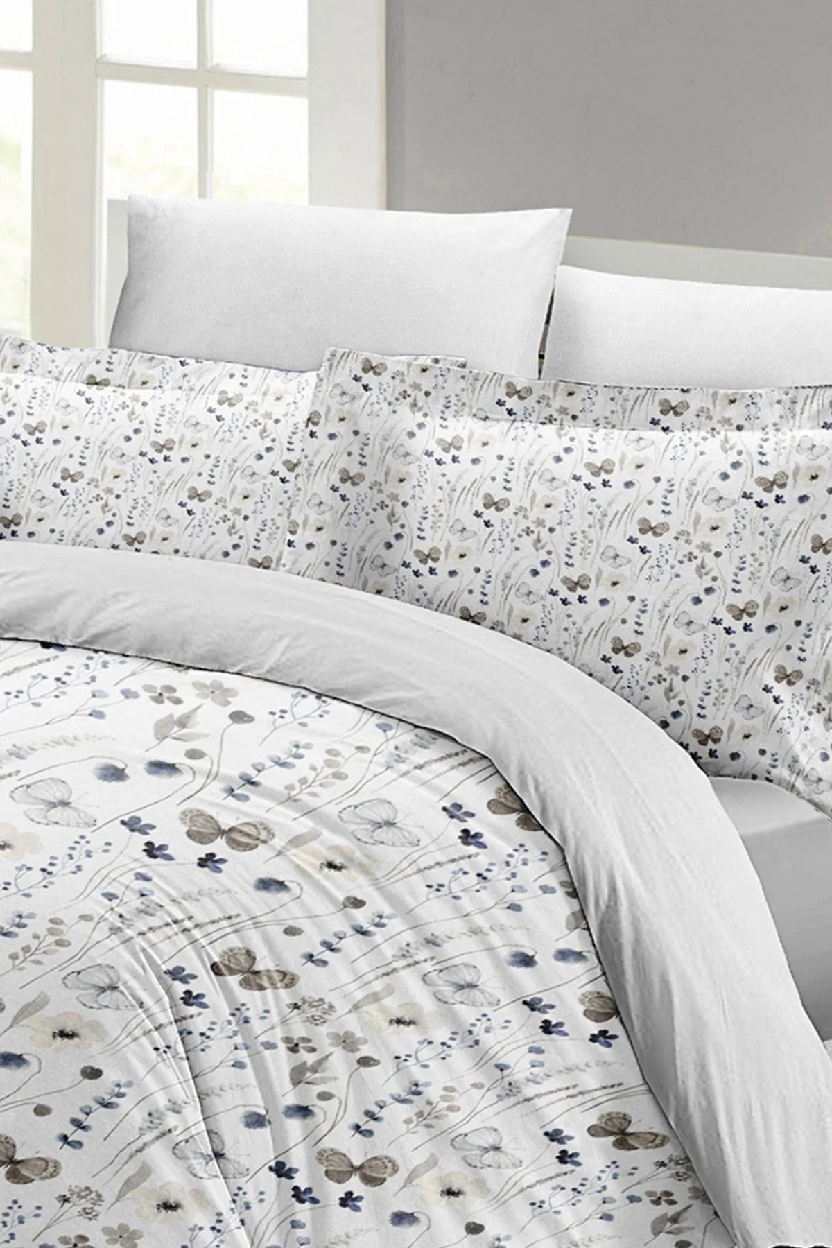 Butterfly Flower Luxury Çift Kişilik Pamuk Saten Nevresim Takımı