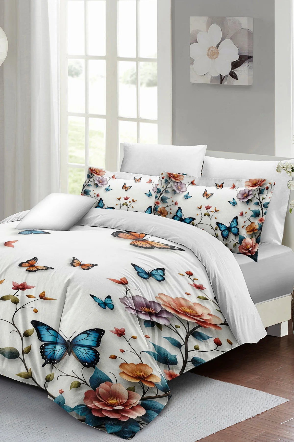 Çiçek Kelebek Desenli 5D Dijital Pamuk Saten Nevresim Takımı – Çift Kişilik