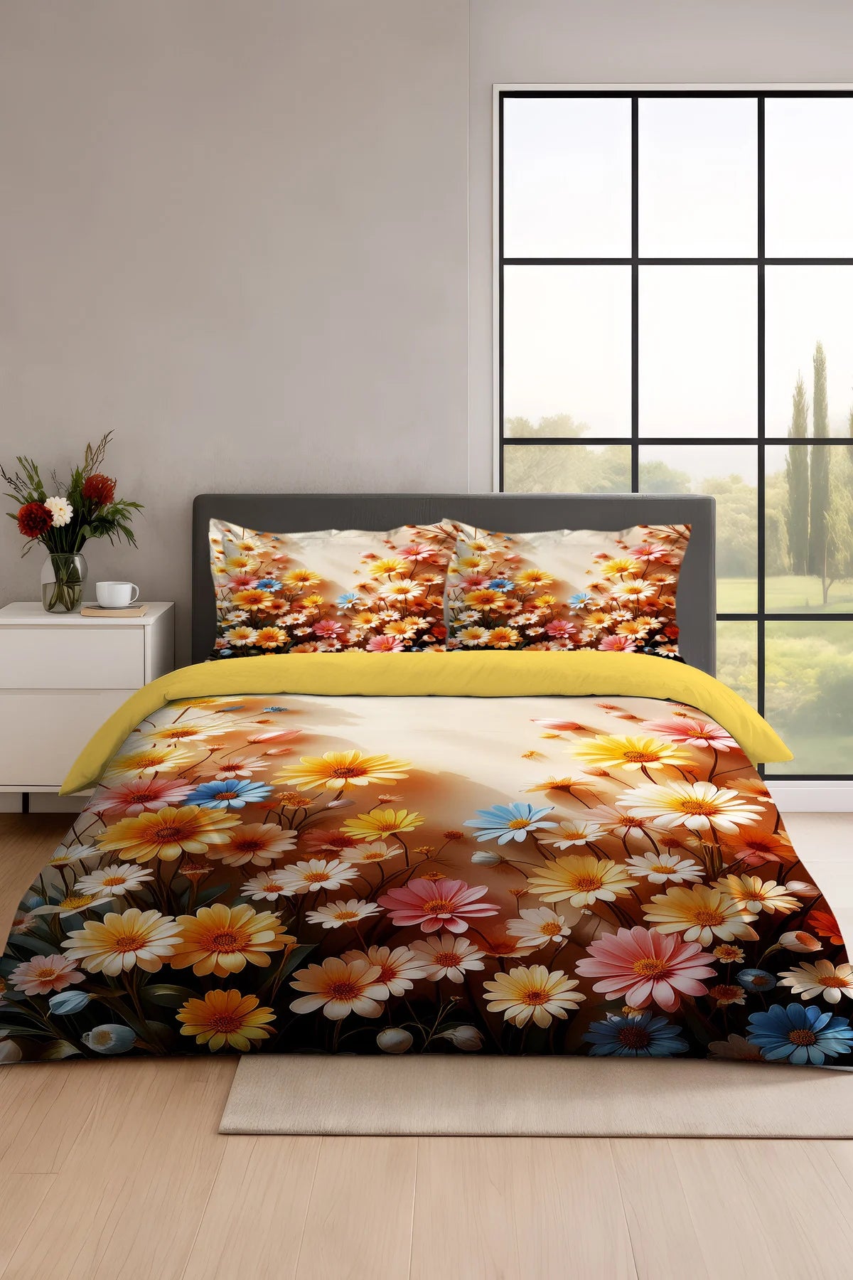 Çiçek Papatya 3D Pamuk Saten Çift Kişilik Nevresim Takımı