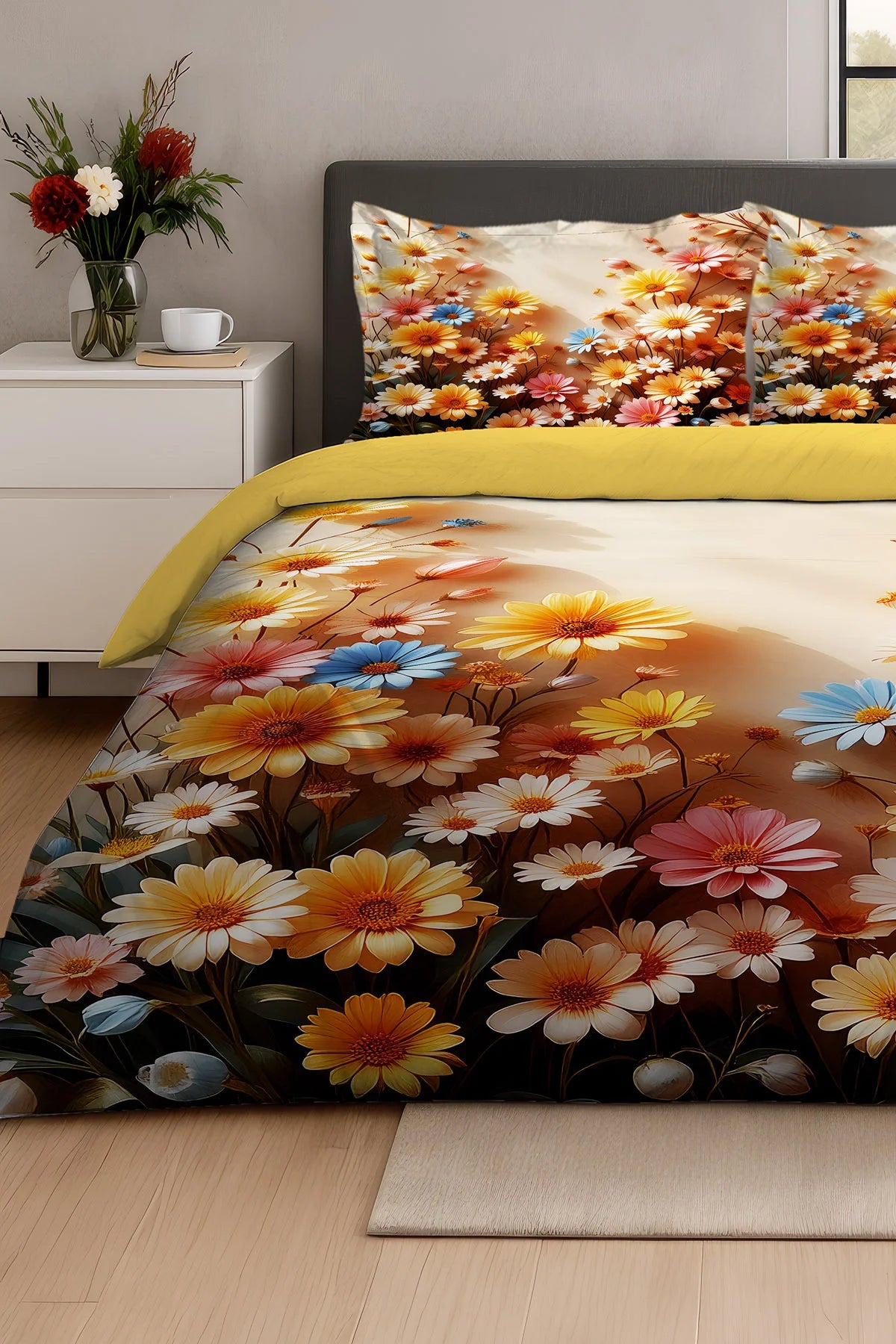 Çiçek Papatya 3D Pamuk Saten Çift Kişilik Nevresim Takımı