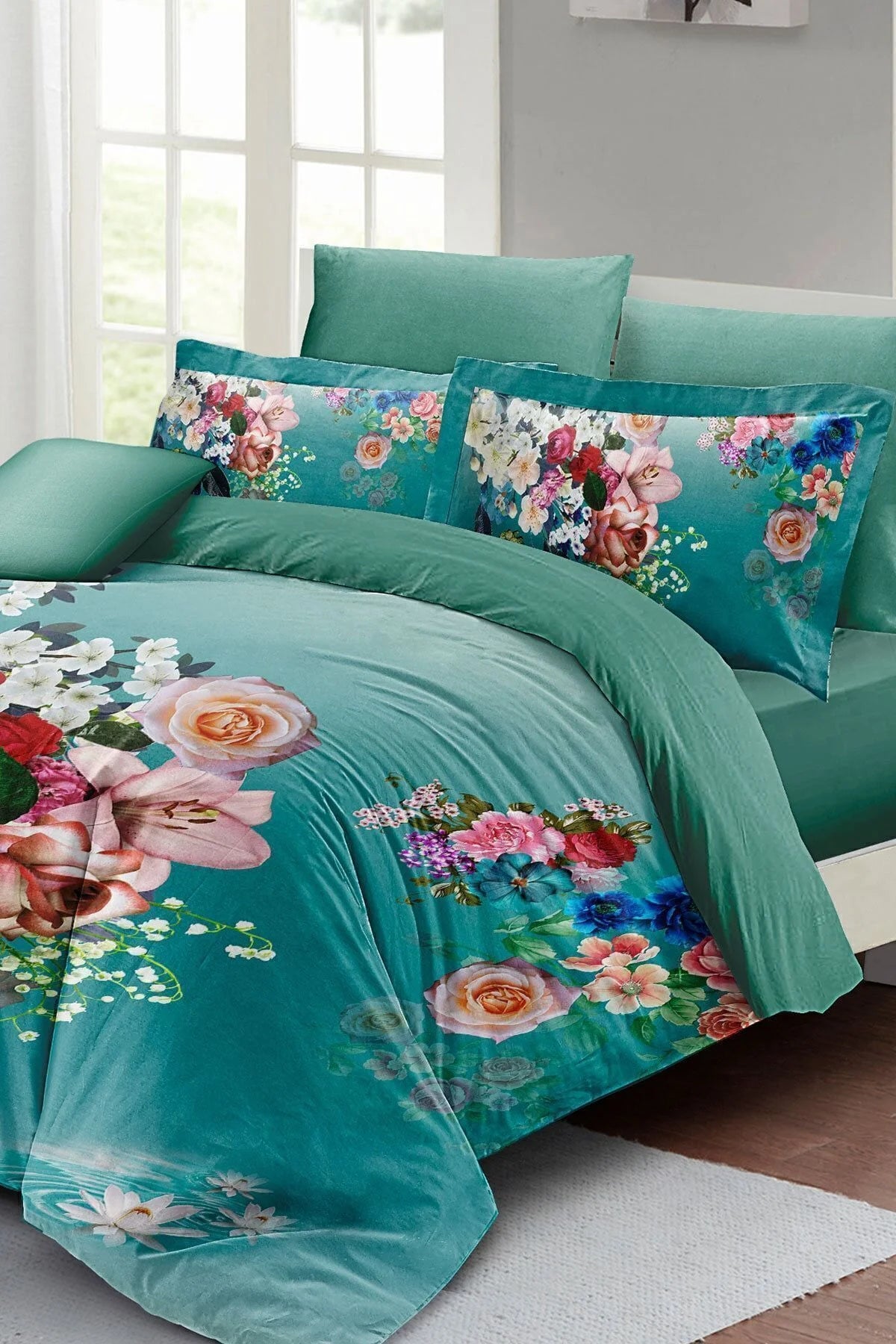 Çiçekli Turkuaz Çift Kişilik Nevresim Takımı 3D Pamuk Saten