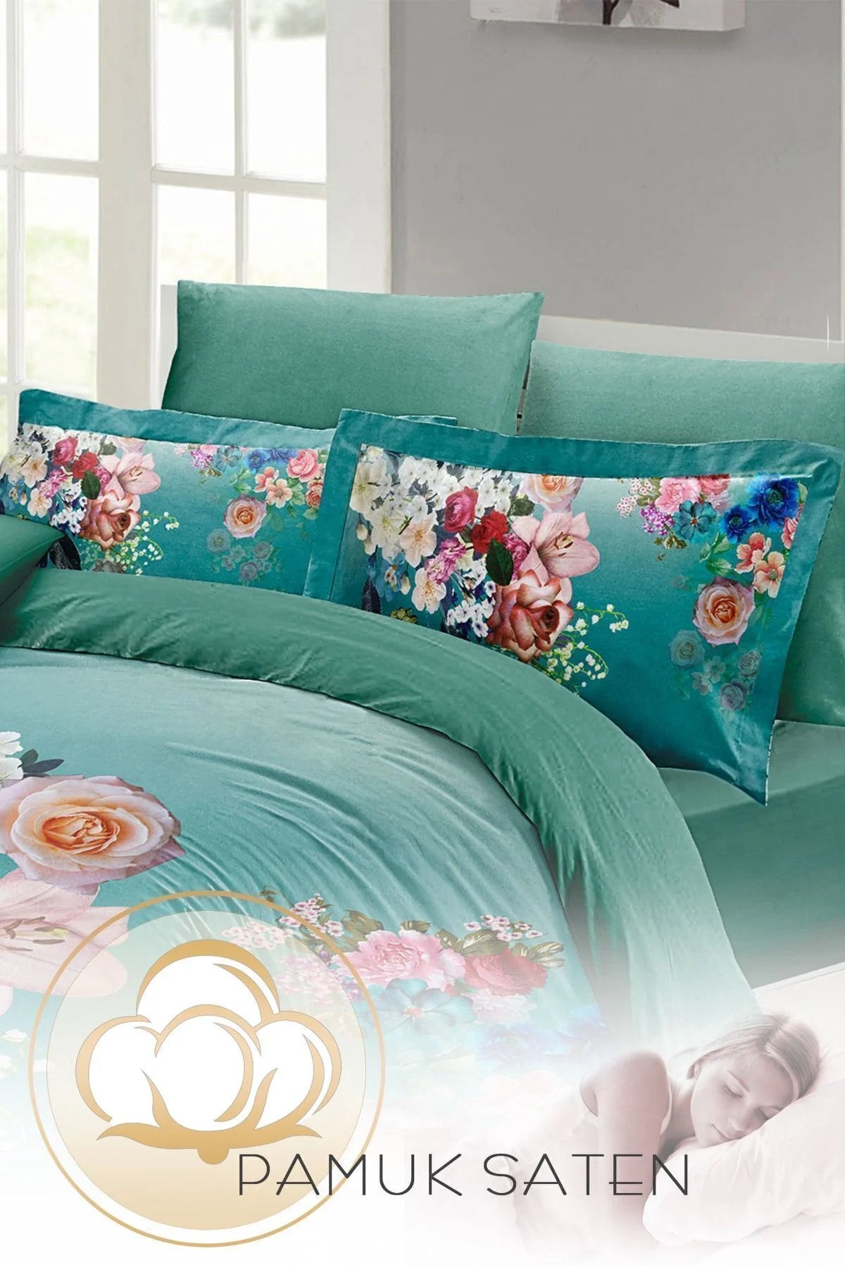 Çiçekli Turkuaz Çift Kişilik Nevresim Takımı 3D Pamuk Saten
